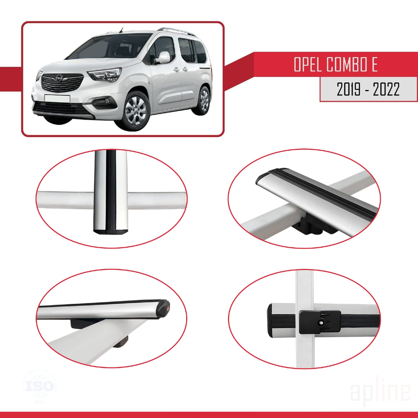 Compatible with Opel Combo E Life 2019-2022 BASIC Model Car Roof Rack Cross Bar Grey Aluminium 3 Bars