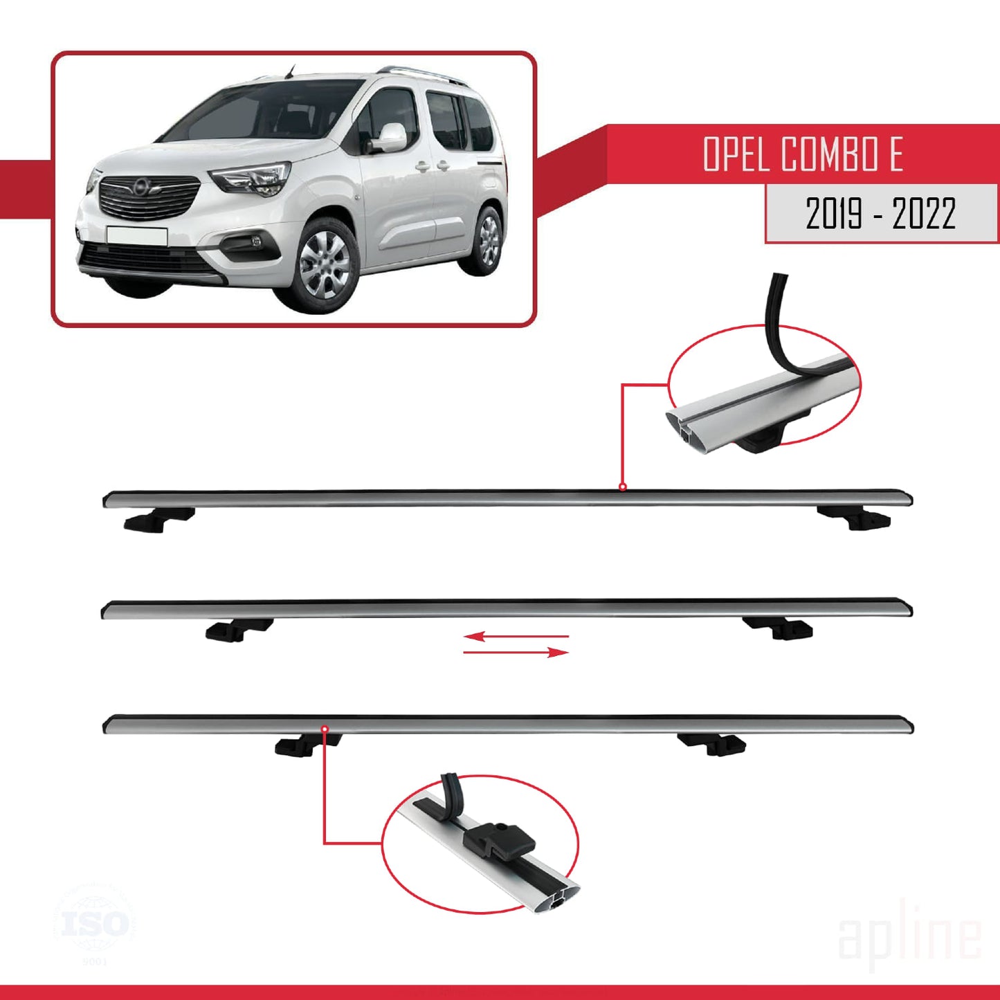 Compatible with Opel Combo E Life 2019-2022 BASIC Model Car Roof Rack Cross Bar Grey Aluminium 3 Bars