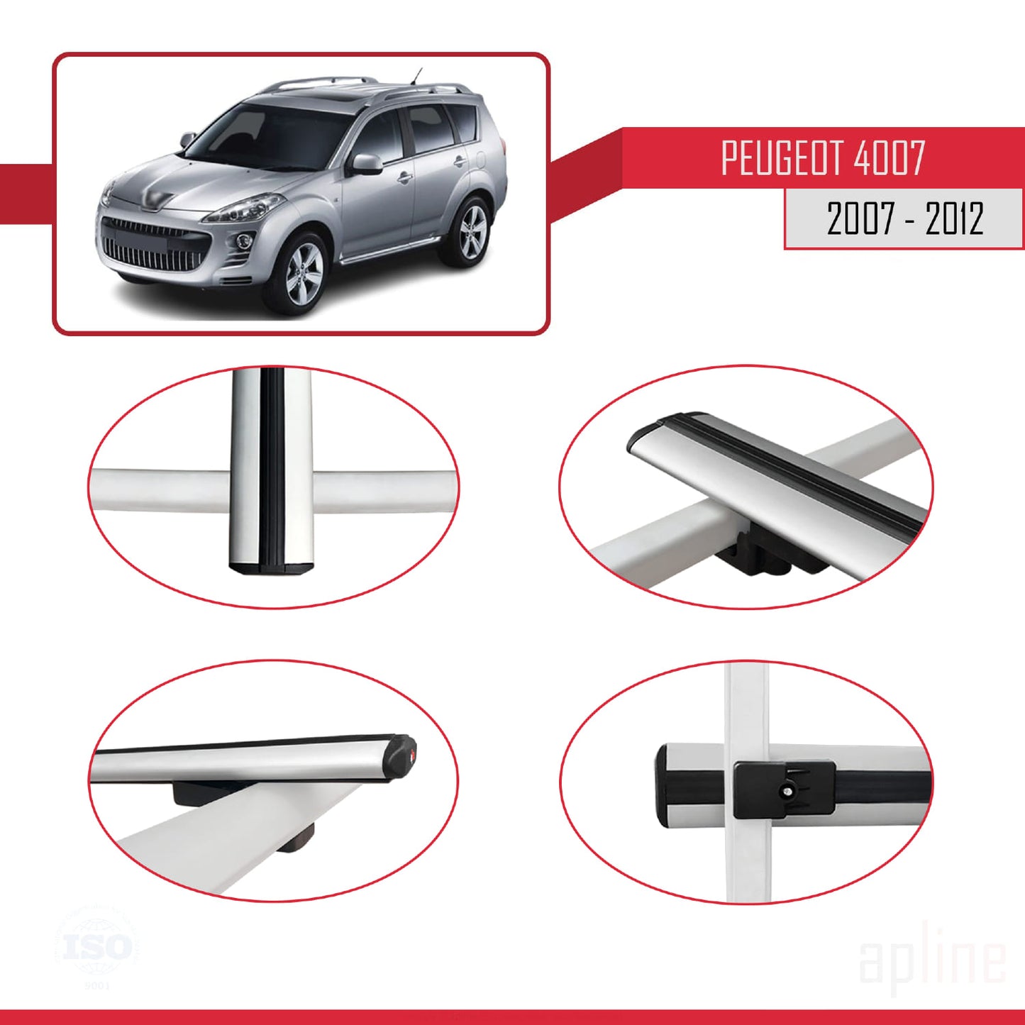 Compatible avec Peugeot 4007 2007-2012 BASIC Model Barres de Toit Railing Porte-Bagages de Voiture Gris Aluminium 2 Barres