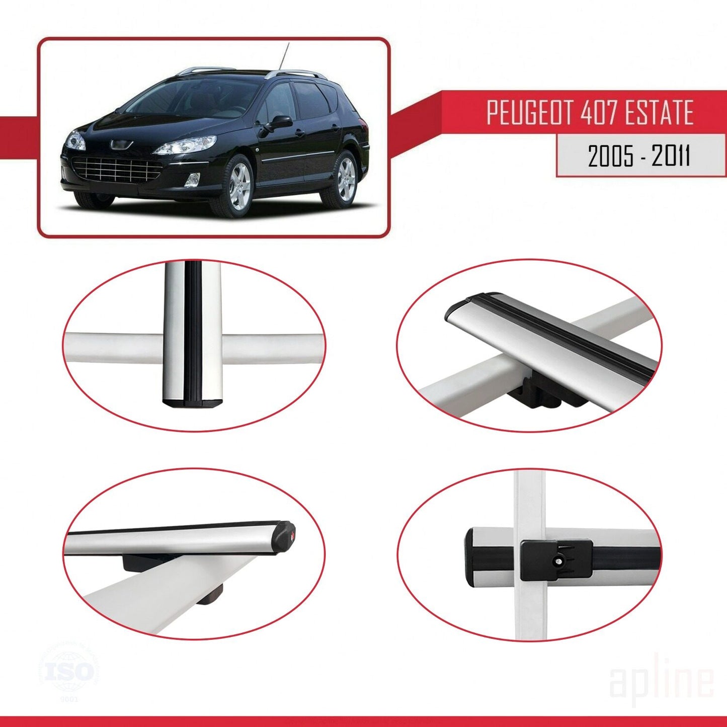Compatible avec Peugeot 407 Break 2005-2011 BASIC Model Barres de Toit Railing Porte-Bagages de Voiture Gris Aluminium 3 Barres