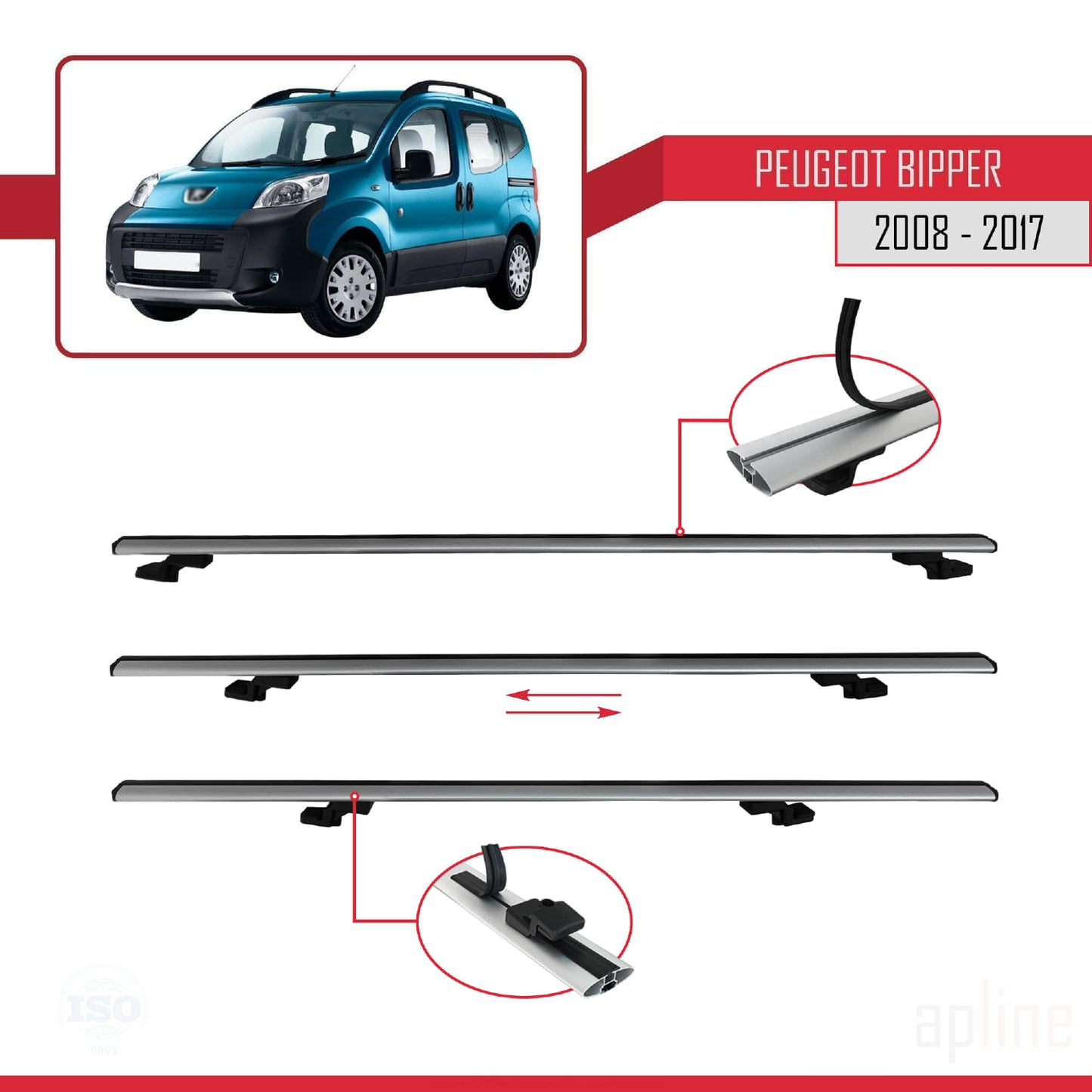 Compatible avec Peugeot Bipper 2008-2017 BASIC Model Barres de Toit Railing Porte-Bagages de Voiture Gris Aluminium 2 Barres