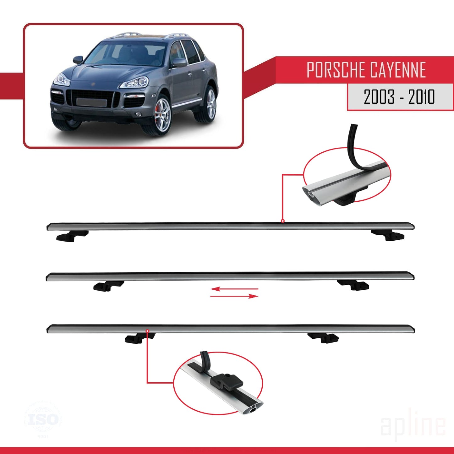 Compatible with Porsche Cayenne (9PA) 2003-2010 BASIC Model Car Roof Rack Cross Bar Grey Aluminium 2 Bars