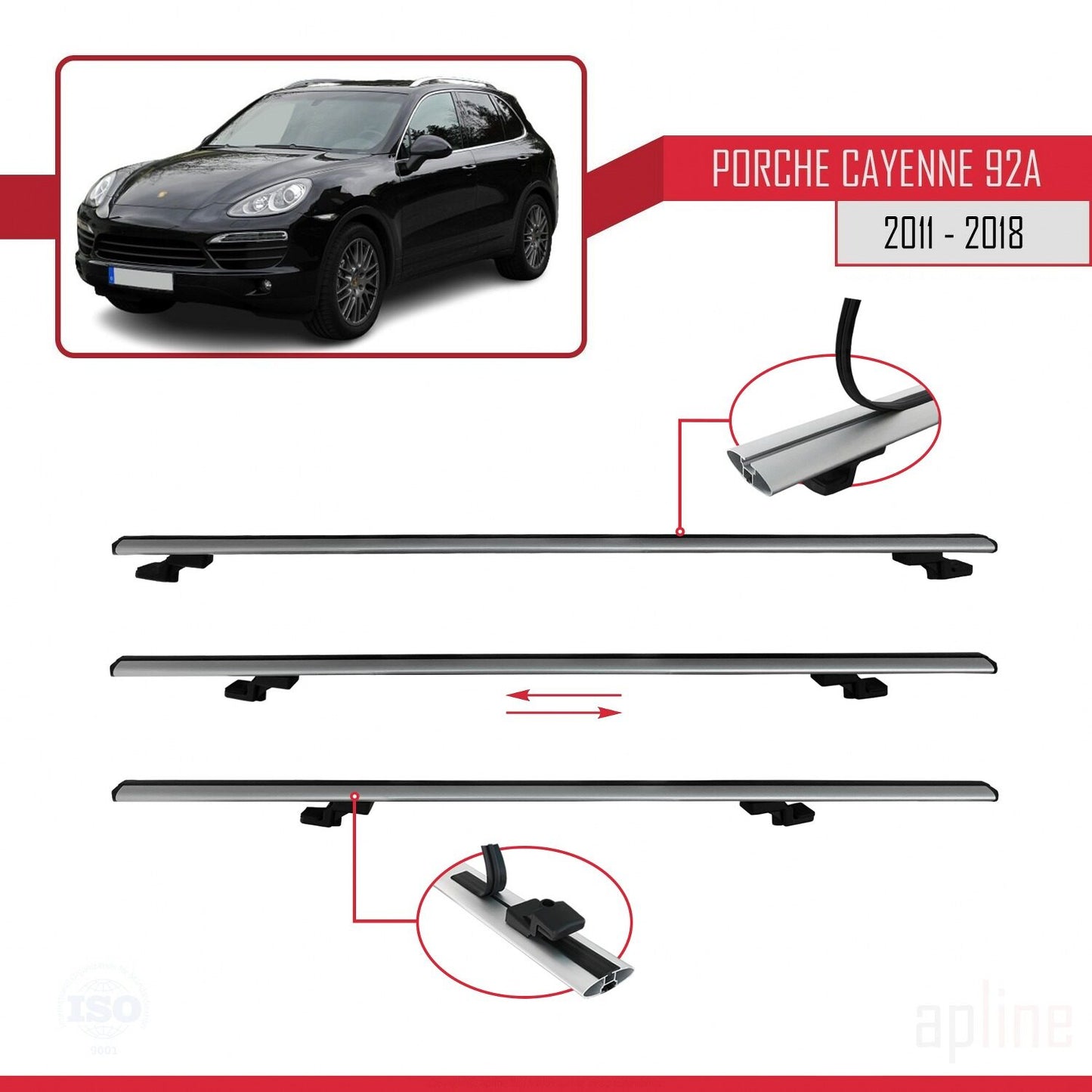 Compatible with Porsche Cayenne 2 (92A) 2011-2018 BASIC Model Car Roof Rack Cross Bar Grey Aluminium 3 Bars