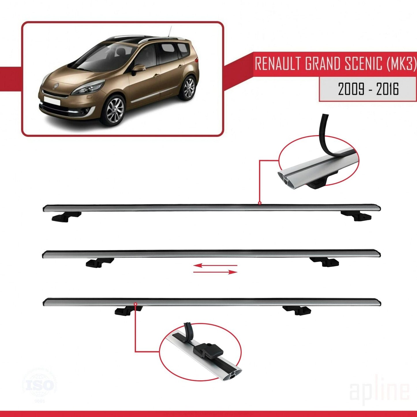 Compatible avec Renault Grand Scenic 3 2009-2016 BASIC Model Barres de Toit Railing Porte-Bagages de Voiture Gris Aluminium 3 Barres