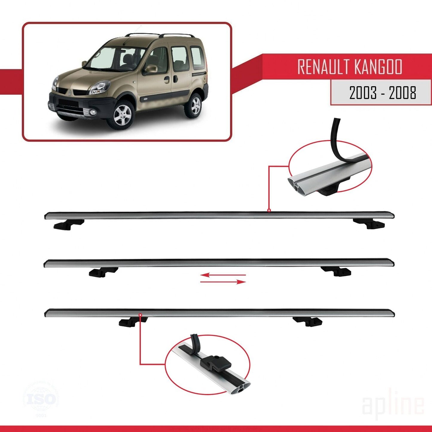 Compatible avec Renault Kangoo (X76) Post-Facelift 2003-2008 BASIC Model Barres de Toit Railing Porte-Bagages de Voiture Gris Aluminium 2 Barres