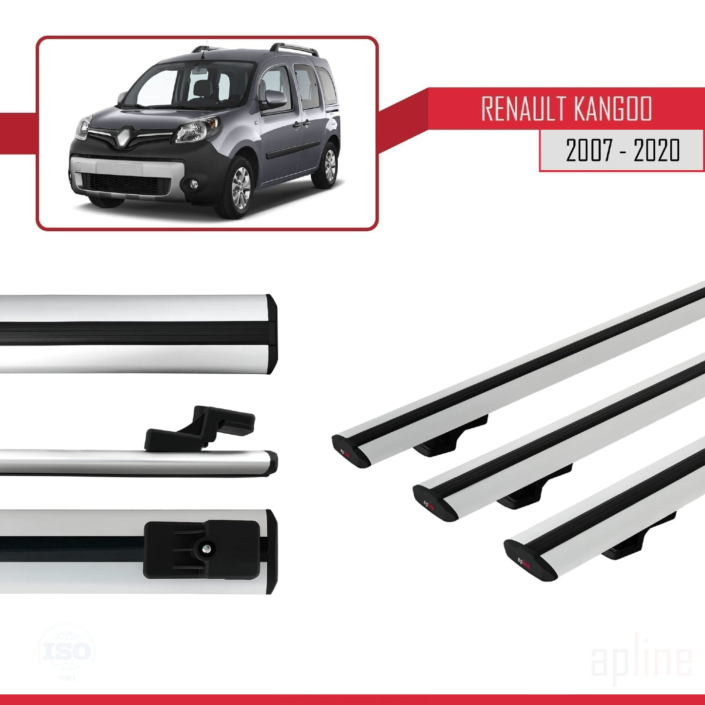 Compatible avec Renault Kangoo 2 (X61) 2007-2020 BASIC Model Barres de Toit Railing Porte-Bagages de Voiture Gris Aluminium 3 Barres