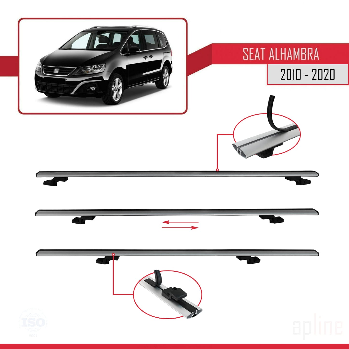 Compatible with Seat Alhambra 2 (7N) 2010-2020 BASIC Model Car Roof Rack Cross Bar Grey Aluminium 2 Bars