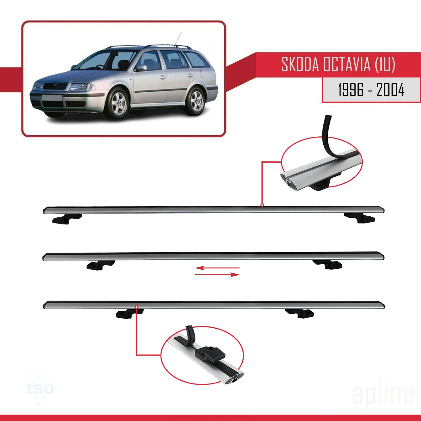 Compatible with Skoda Octavia (1U) 1996-2004 BASIC Model Car Roof Rack Cross Bar Grey Aluminium 3 Bars