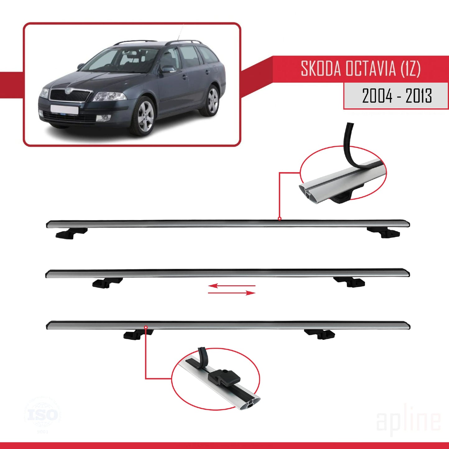 Compatible with Skoda Octavia 2 (1Z) 2004-2013 BASIC Model Car Roof Rack Cross Bar Grey Aluminium 3 Bars