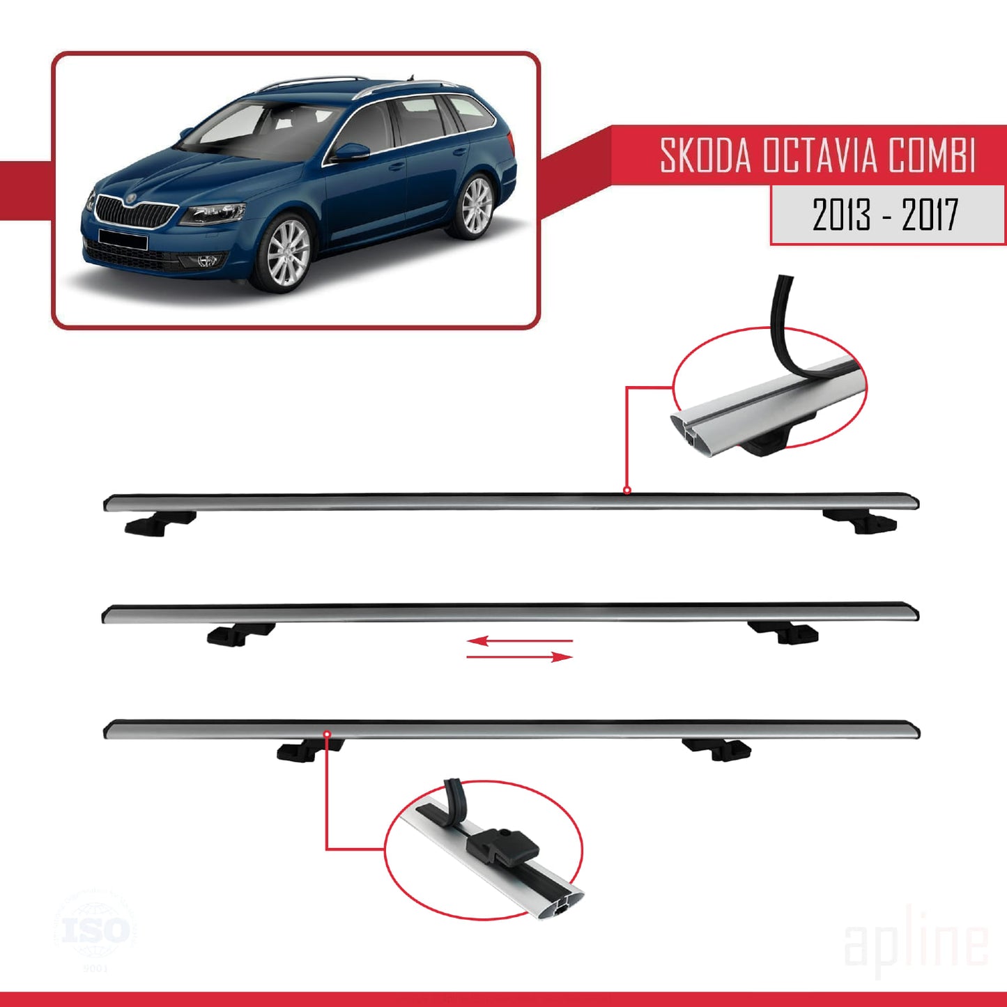 Compatible avec Skoda Octavia 3 (5E) Break Pre-Facelift 2013-2017 BASIC Model Barres de Toit Railing Porte-Bagages de Voiture Gris Aluminium 3 Barres