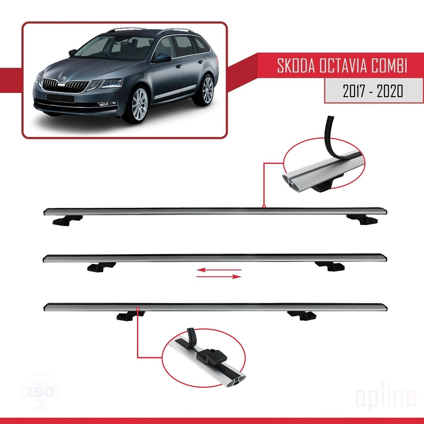 Compatible avec Skoda Octavia 3 (5E) Break Post-Facelift 2017-2020 BASIC Model Barres de Toit Railing Porte-Bagages de Voiture Gris Aluminium 3 Barres