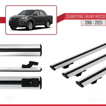 Compatible avec Ssangyong Grand Musso 2018-2025 BASIC Model Barres de Toit Railing Porte-Bagages de Voiture Gris Aluminium 3 Barres