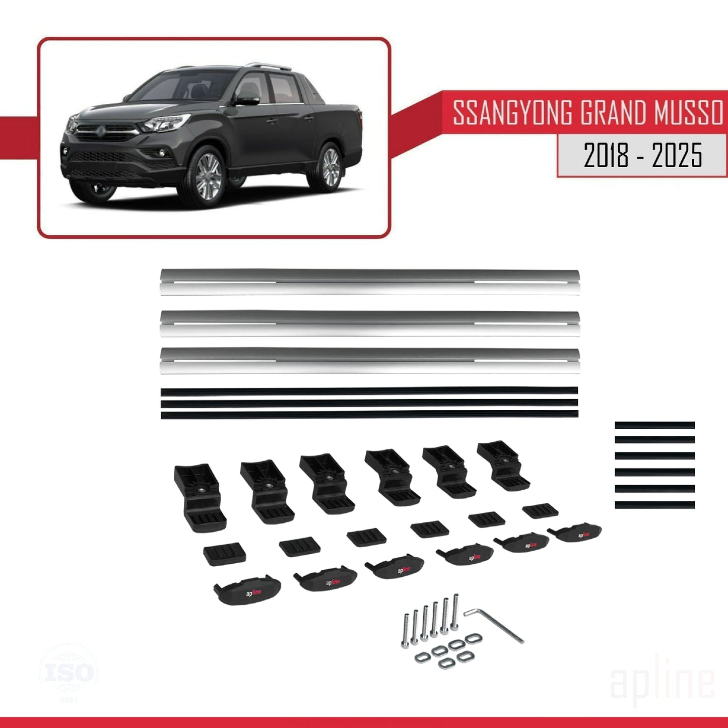 Compatible avec Ssangyong Grand Musso 2018-2025 BASIC Model Barres de Toit Railing Porte-Bagages de Voiture Gris Aluminium 3 Barres
