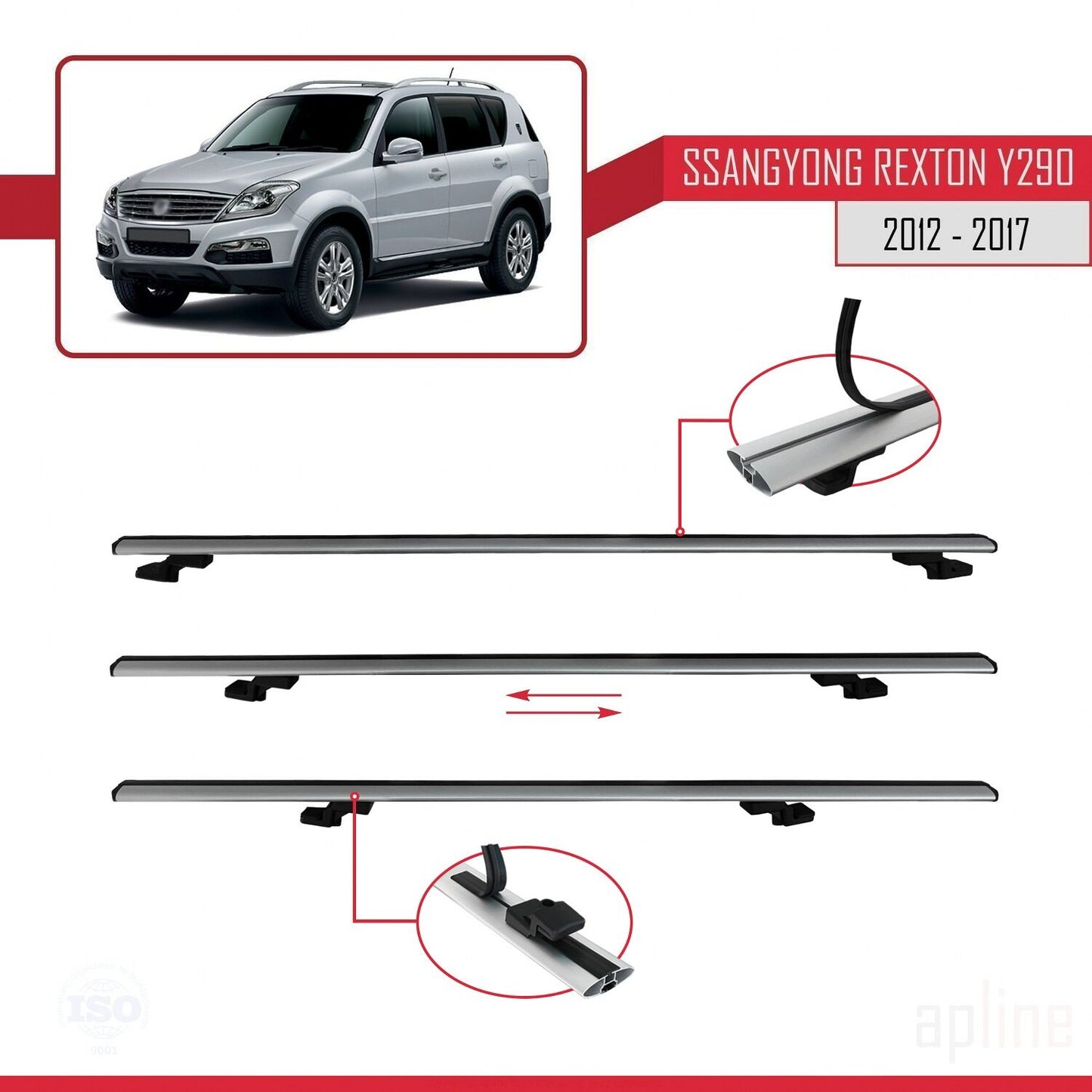 Compatible avec Ssangyong Rexton (Y290) 2012-2017 BASIC Model Barres de Toit Railing Porte-Bagages de Voiture Gris Aluminium 2 Barres