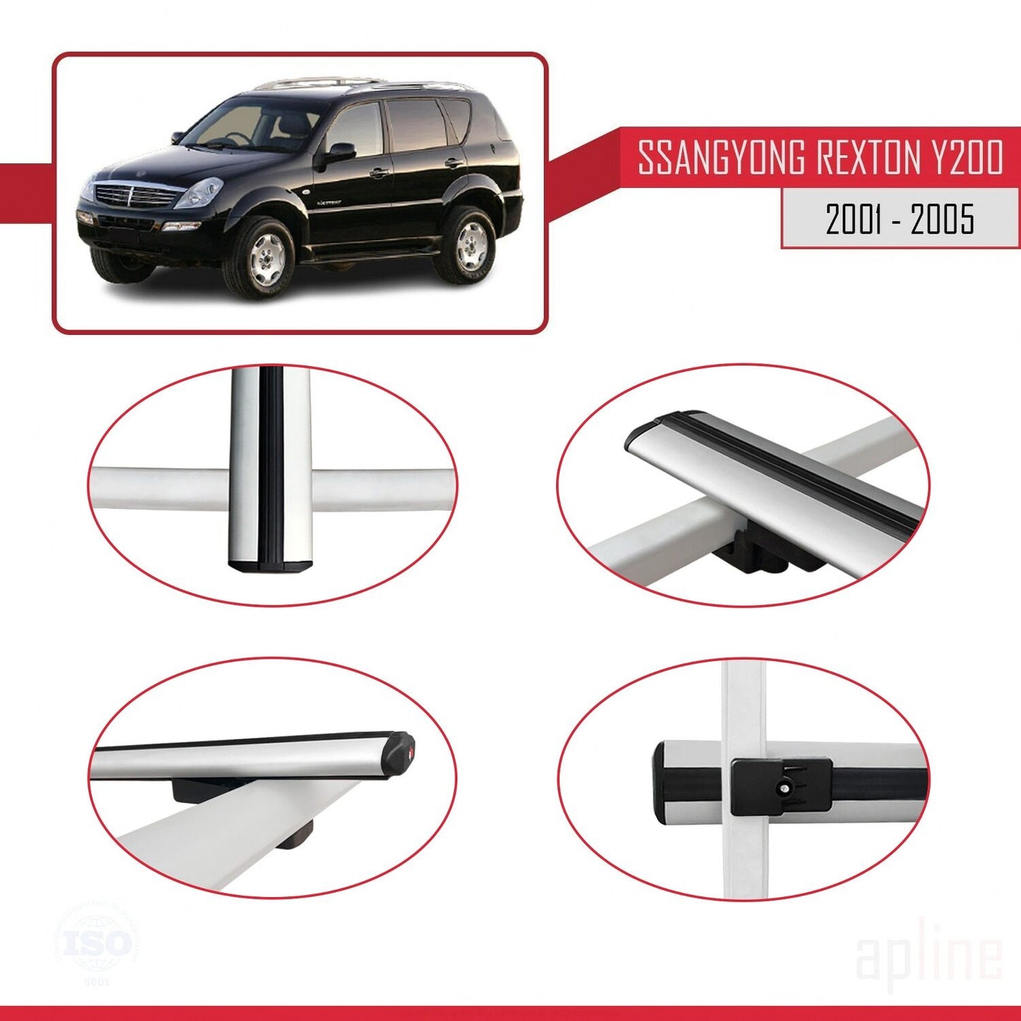 Compatible avec Ssangyong Rexton (Y200) 2001-2005 BASIC Model Barres de Toit Railing Porte-Bagages de Voiture Gris Aluminium 3 Barres