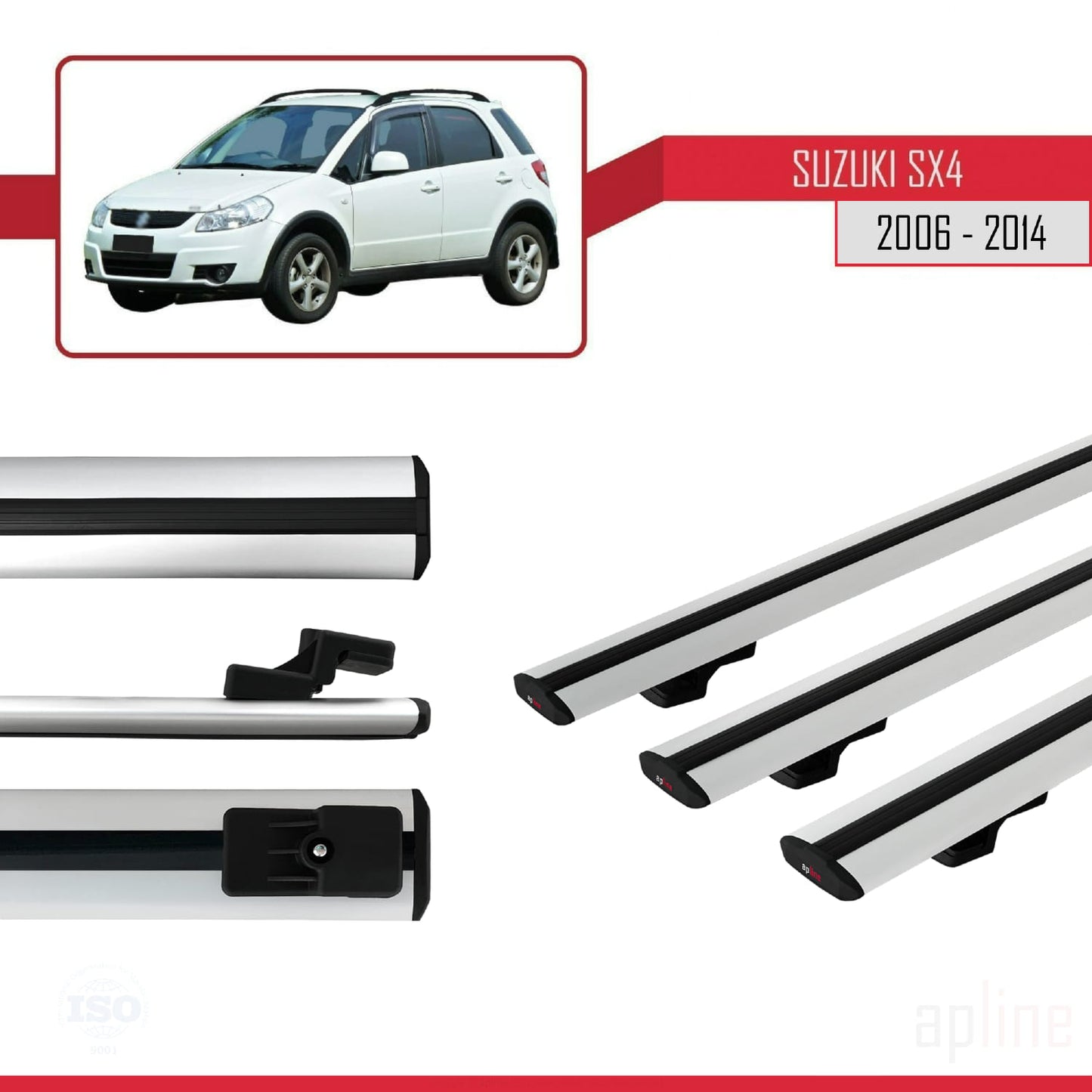 Compatible avec Suzuki SX4 II (JY) 2006-2014 BASIC Model Barres de Toit Railing Porte-Bagages de Voiture Gris Aluminium 3 Barres