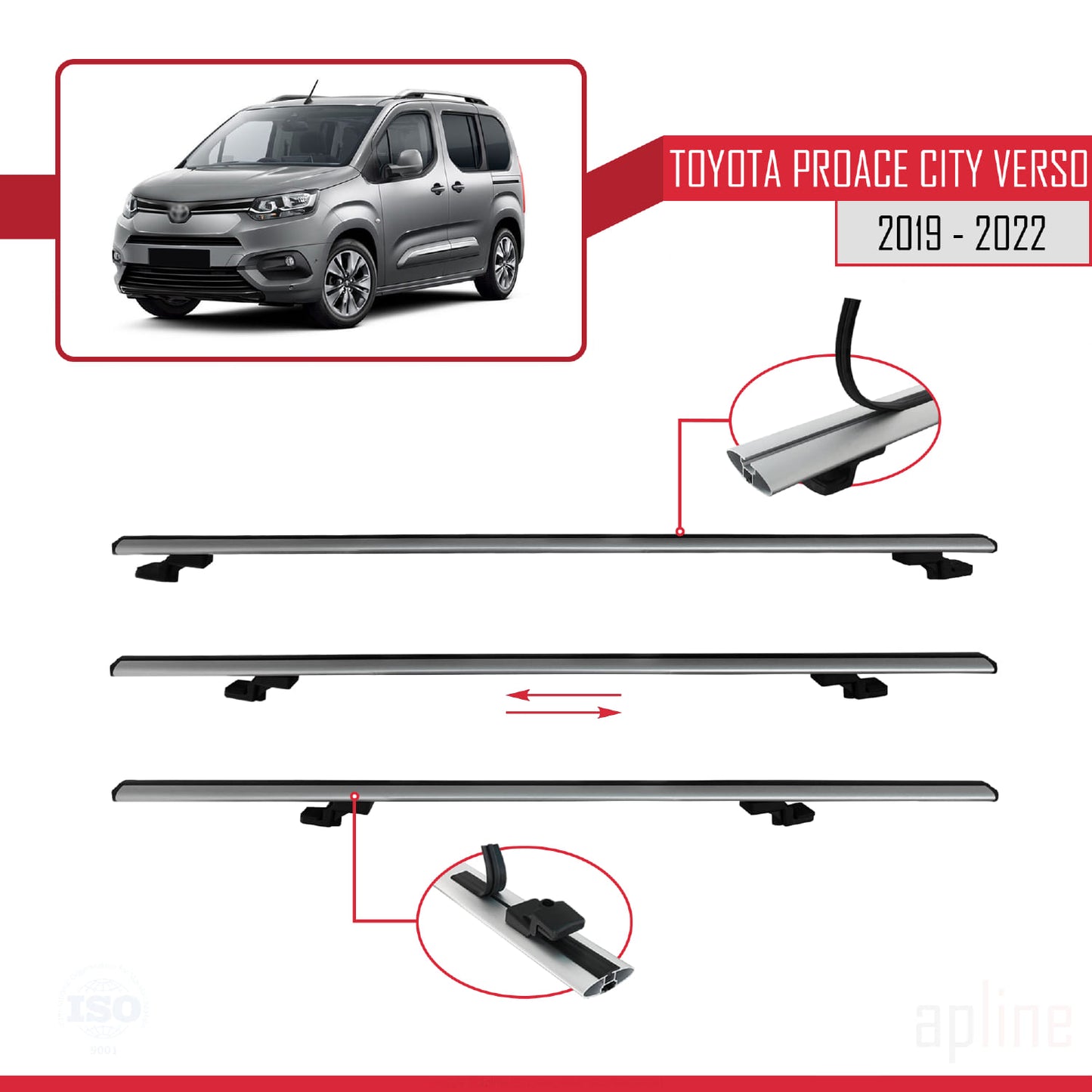 Compatible avec Toyota Proace City Verso 2019-2022 BASIC Model Barres de Toit Railing Porte-Bagages de Voiture Gris Aluminium 3 Barres