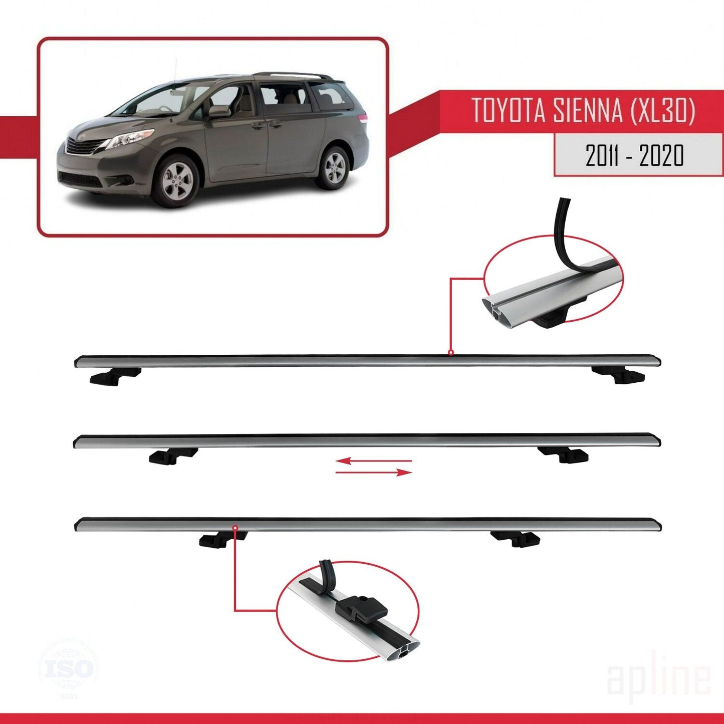 Compatible avec Toyota Sienna 3 (XL30) 2011-2020 BASIC Model Barres de Toit Railing Porte-Bagages de Voiture Gris Aluminium 2 Barres