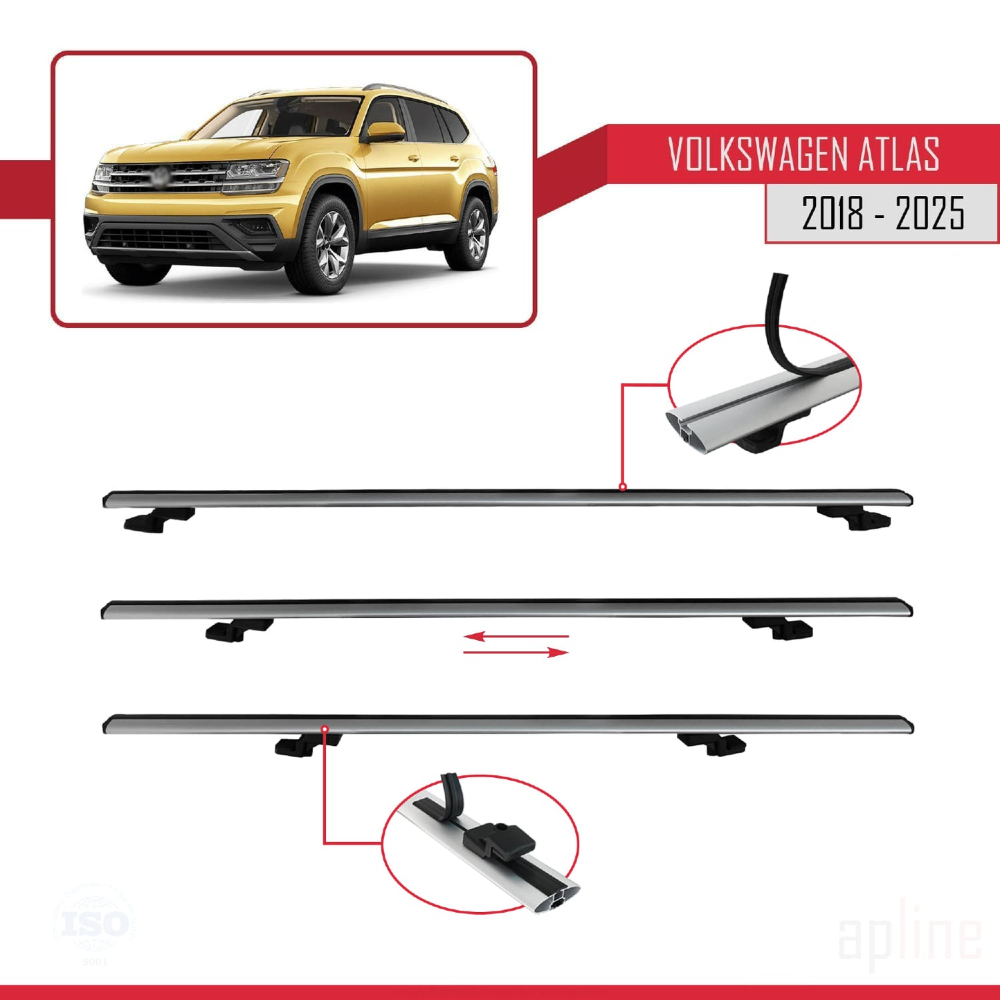 Compatible avec Volkswagen Atlas (CA1) 2018-2025 BASIC Model Barres de Toit Railing Porte-Bagages de Voiture Gris Aluminium 2 Barres
