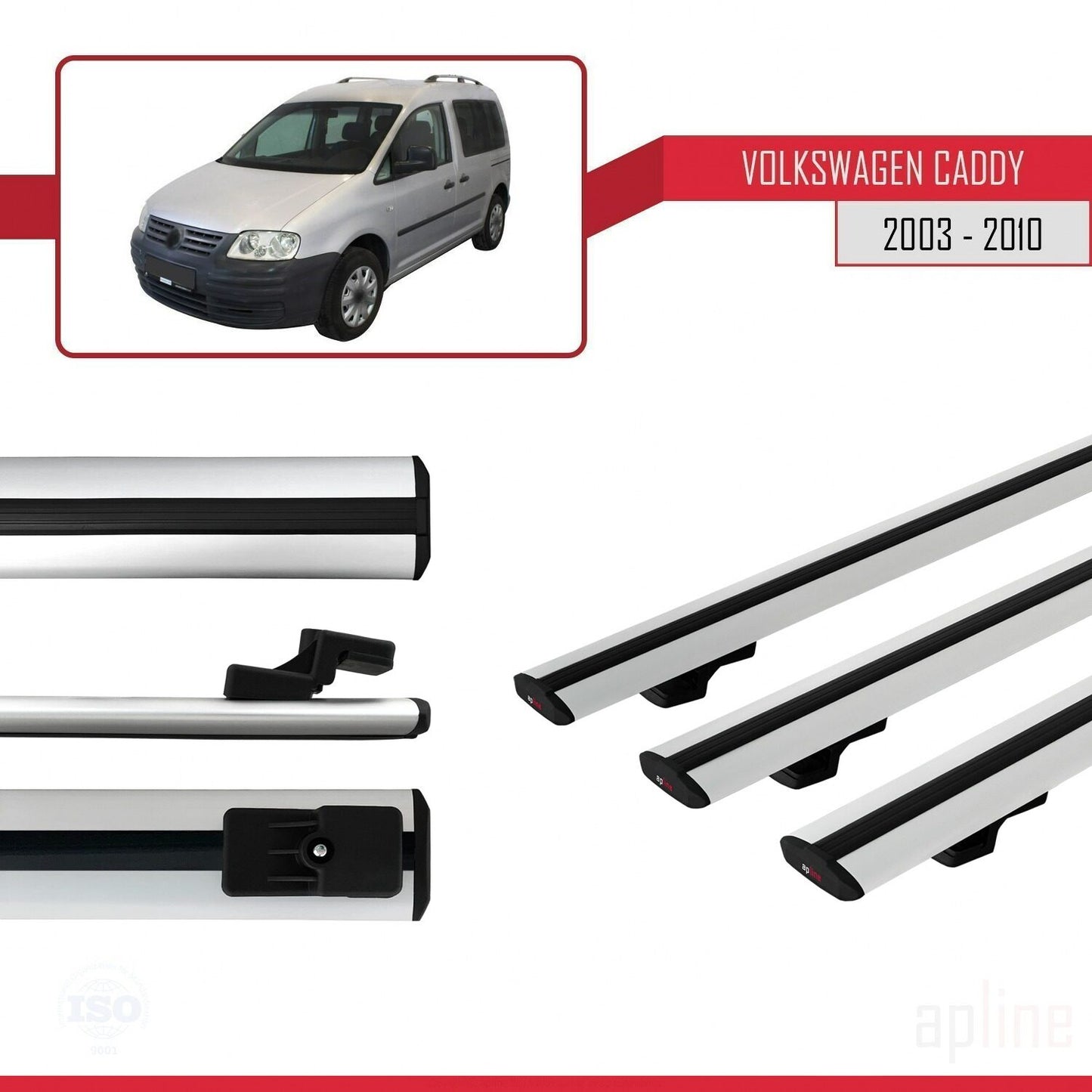 Compatible avec Volkswagen Caddy 3 (2K) 2003-2010 BASIC Model Barres de Toit Railing Porte-Bagages de Voiture Gris Aluminium 3 Barres