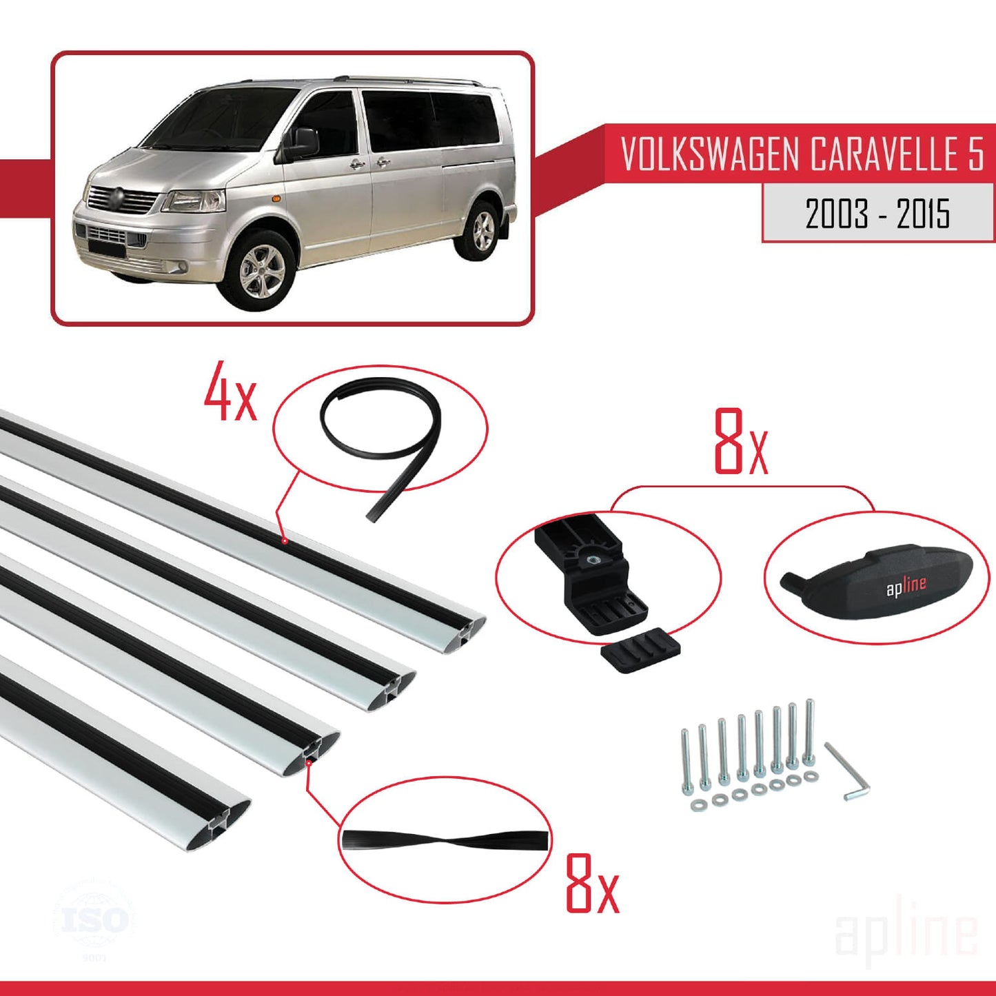 Compatible avec Volkswagen T5 Caravelle 2003-2015 BASIC Model Barres de Toit Railing Porte-Bagages de Voiture Gris Aluminium 4 Barres