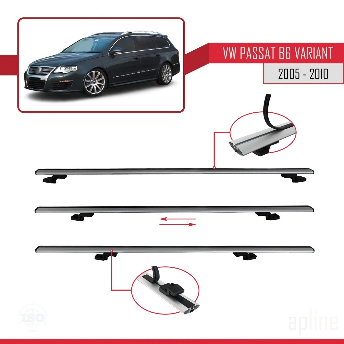 Compatible avec Volkswagen Passat B6 (3C) Variant 2005-2010 BASIC Model Barres de Toit Railing Porte-Bagages de Voiture Gris Aluminium 3 Barres