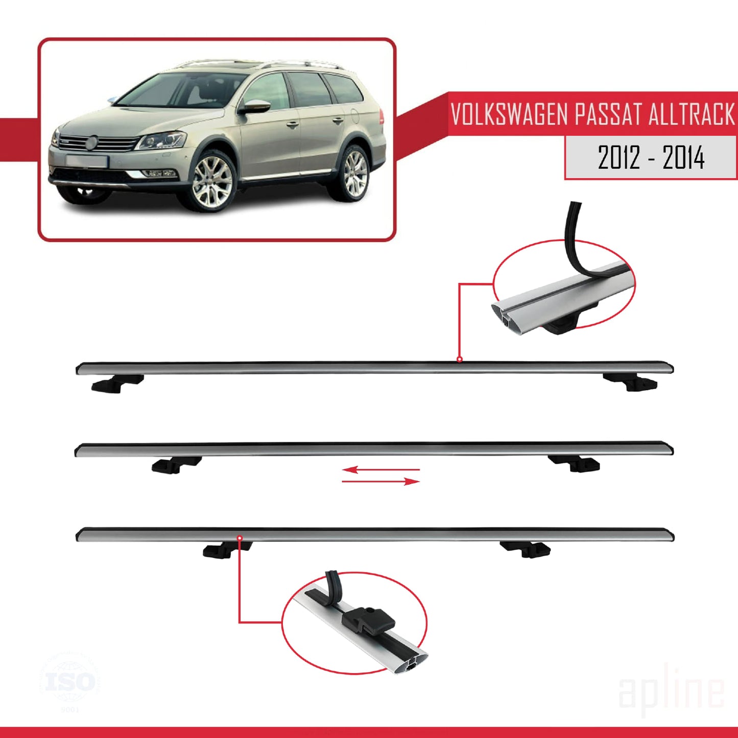 Compatible avec Volkswagen Passat B7 (3C) Alltrack 2012-2014 BASIC Model Barres de Toit Railing Porte-Bagages de Voiture Gris Aluminium 2 Barres