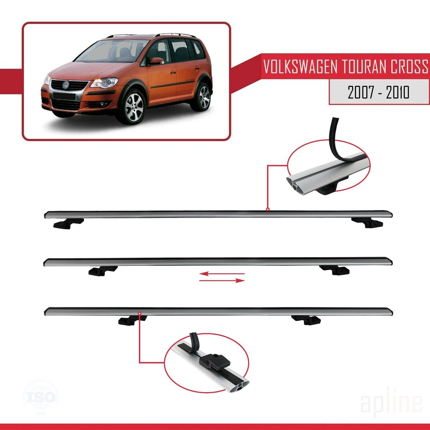Compatible avec Volkswagen Touran Cross Pre-Facelift 2007-2010 BASIC Model Barres de Toit Railing Porte-Bagages de Voiture Gris Aluminium 2 Barres