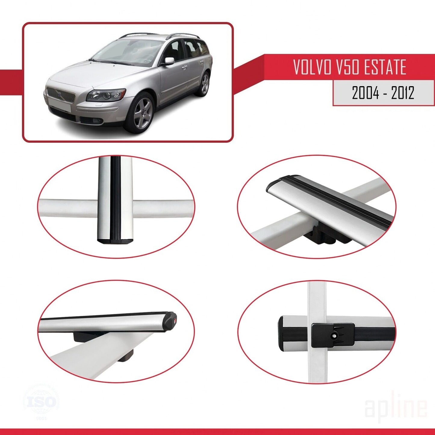 Compatible avec Volvo V50 2004-2012 BASIC Model Barres de Toit Railing Porte-Bagages de Voiture Gris Aluminium 3 Barres