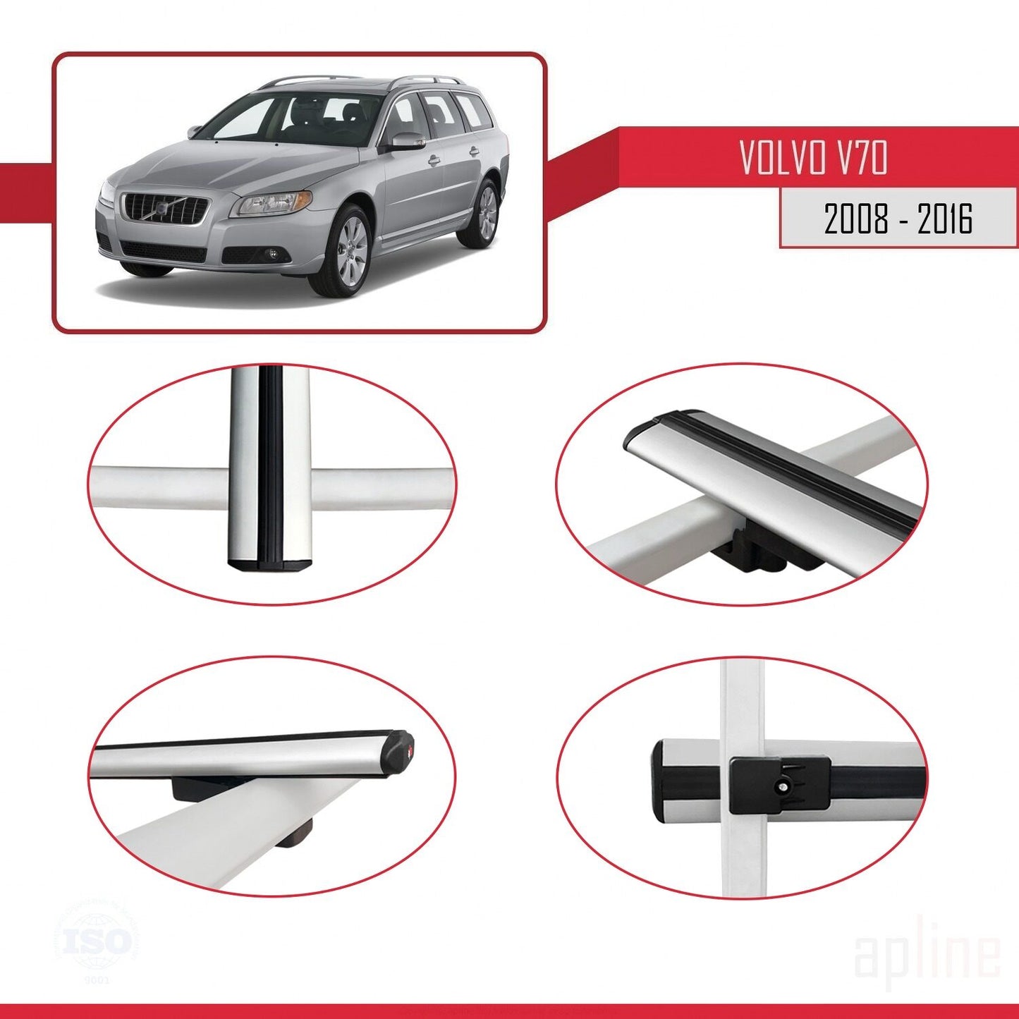Compatible avec Volvo V70 III 2008-2016 BASIC Model Barres de Toit Railing Porte-Bagages de Voiture Gris Aluminium 3 Barres