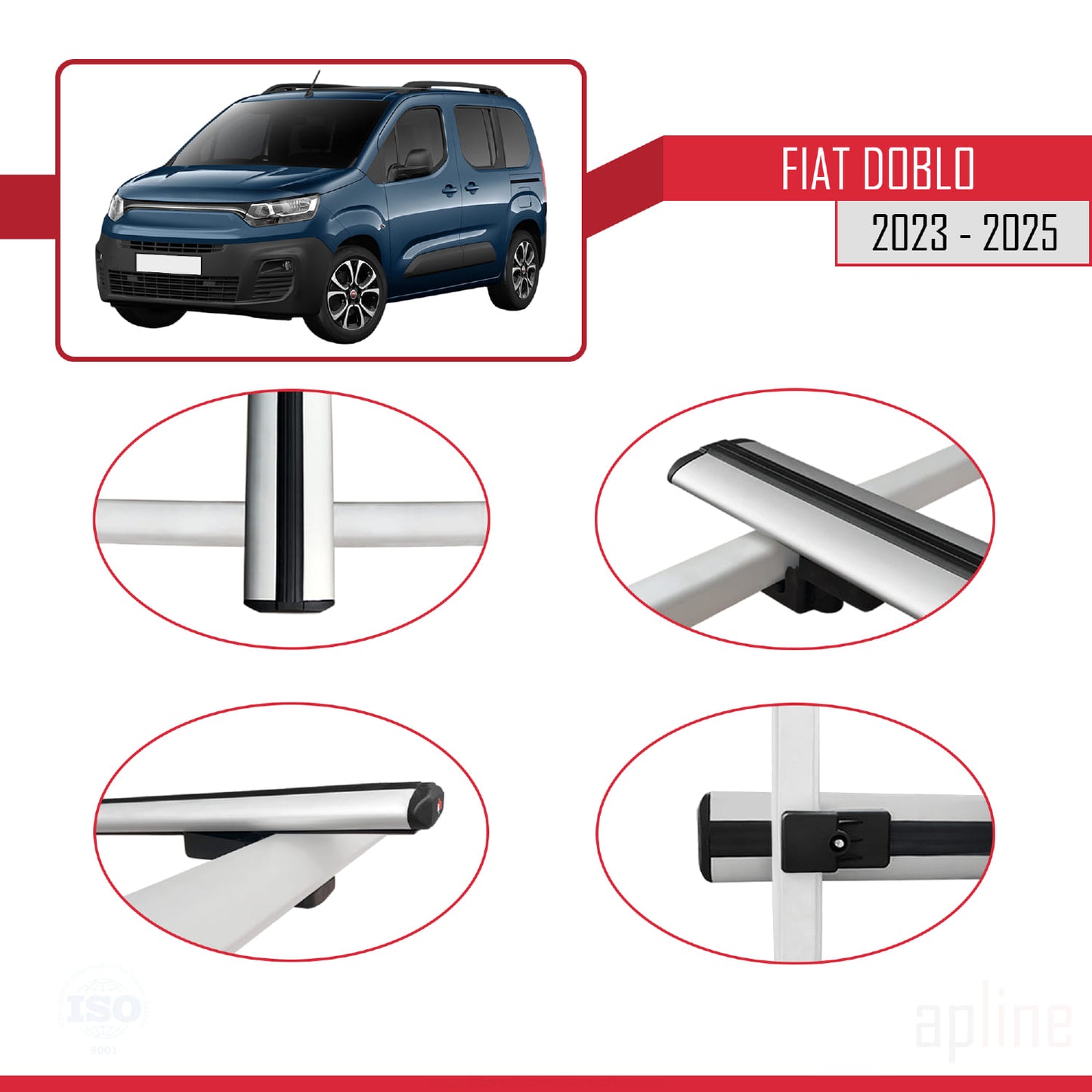 Kompatibel mit Fiat Doblo 3 2023-2025 Basismodell Dachgepäckträger, Reling, Gepäckträger, graues Aluminium, 3 Stangen