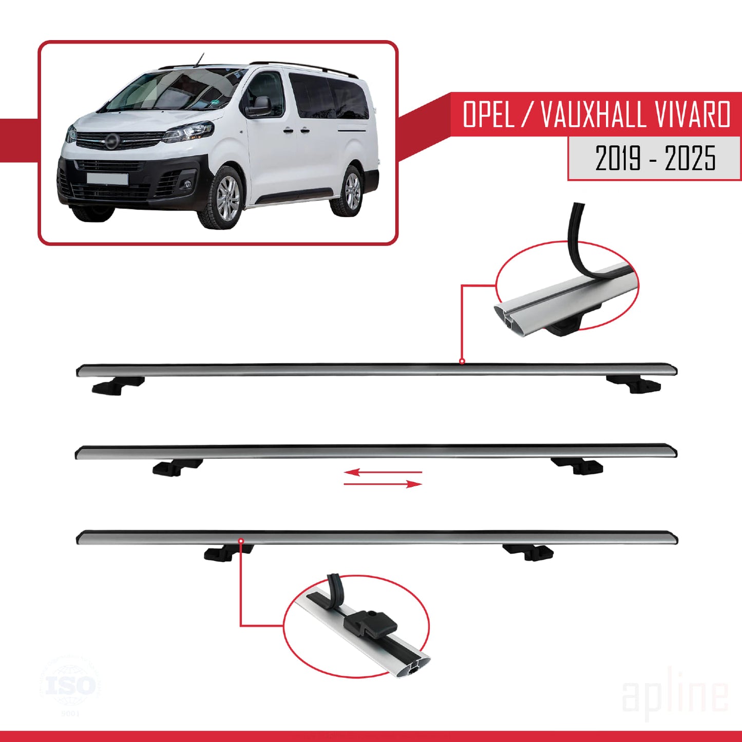 Compatible avec Opel Vivaro C 2019-2025 BASIC Model Barres de Toit Railing Porte-Bagages de Voiture Gris Aluminium 3 Barres
