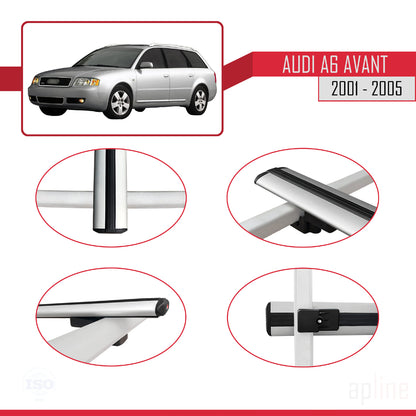 Kompatibel mit Audi A6 Avant 2001-2005 Basismodell Dachgepäckträger, graues Aluminium, 3-Stangen
