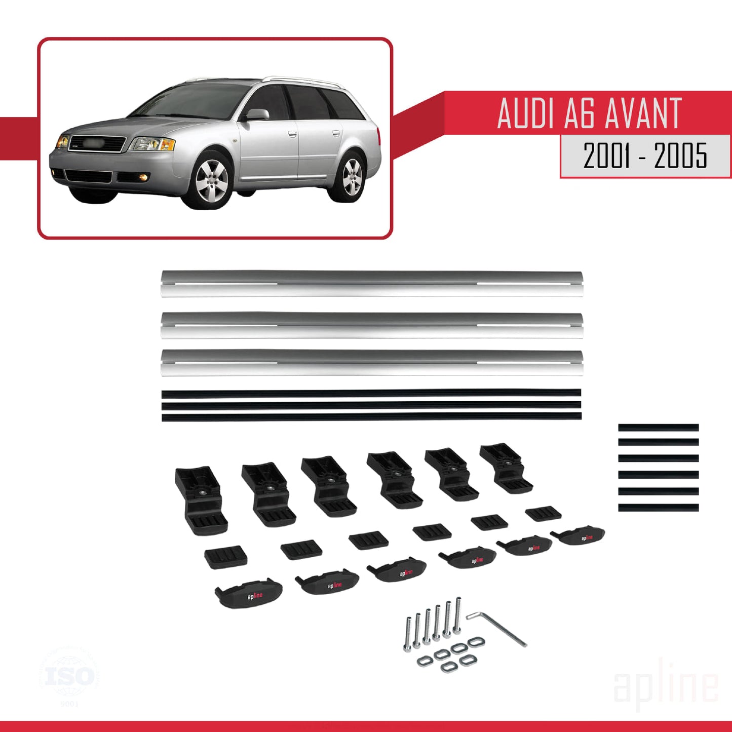 Kompatibel mit Audi A6 Avant 2001-2005 Basismodell Dachgepäckträger, graues Aluminium, 3-Stangen