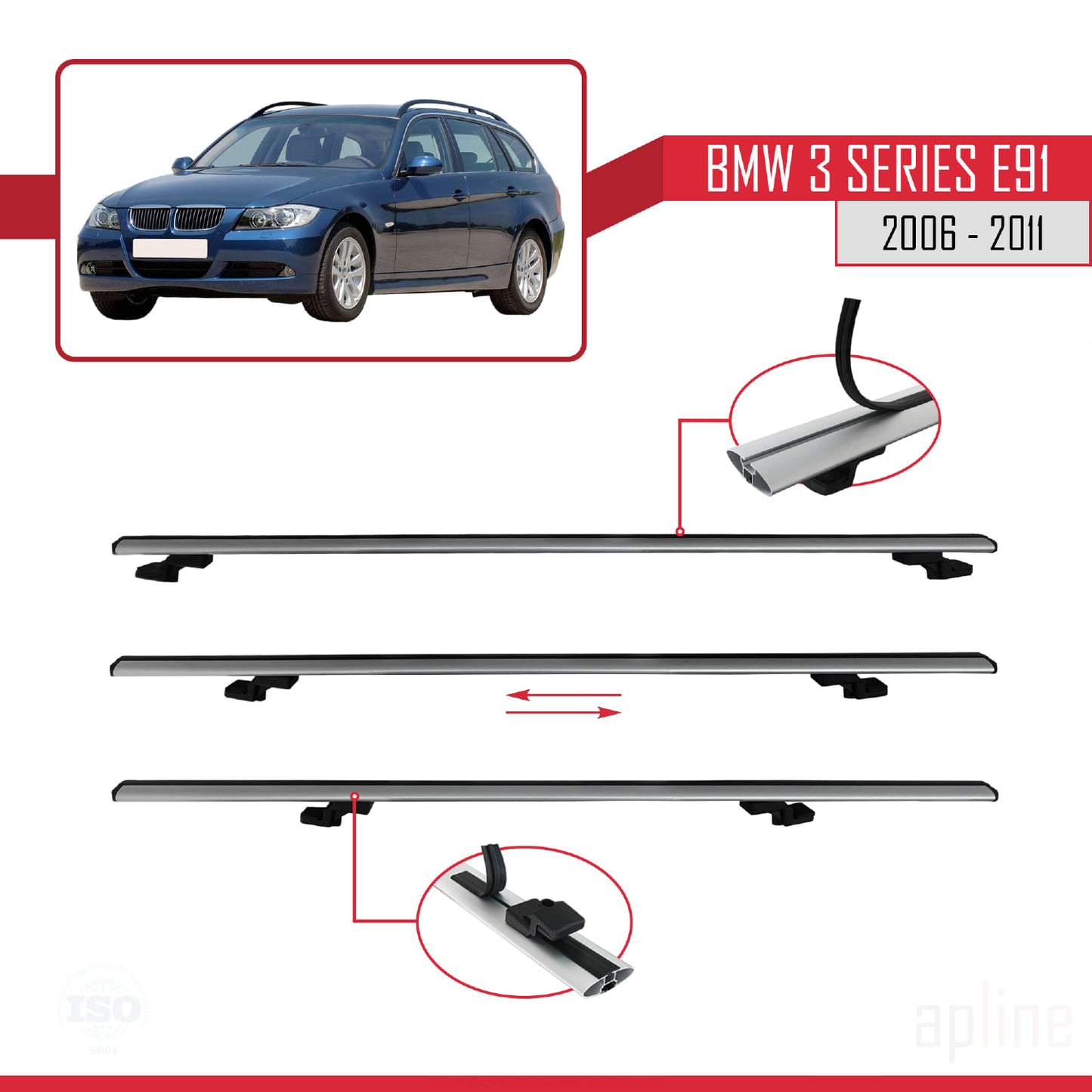 Compatible avec BMW 3 Series E91 Touring 2006-2011 BASIC Model Barres de Toit Railing Porte-Bagages de Voiture Gris Aluminium 3 Barres