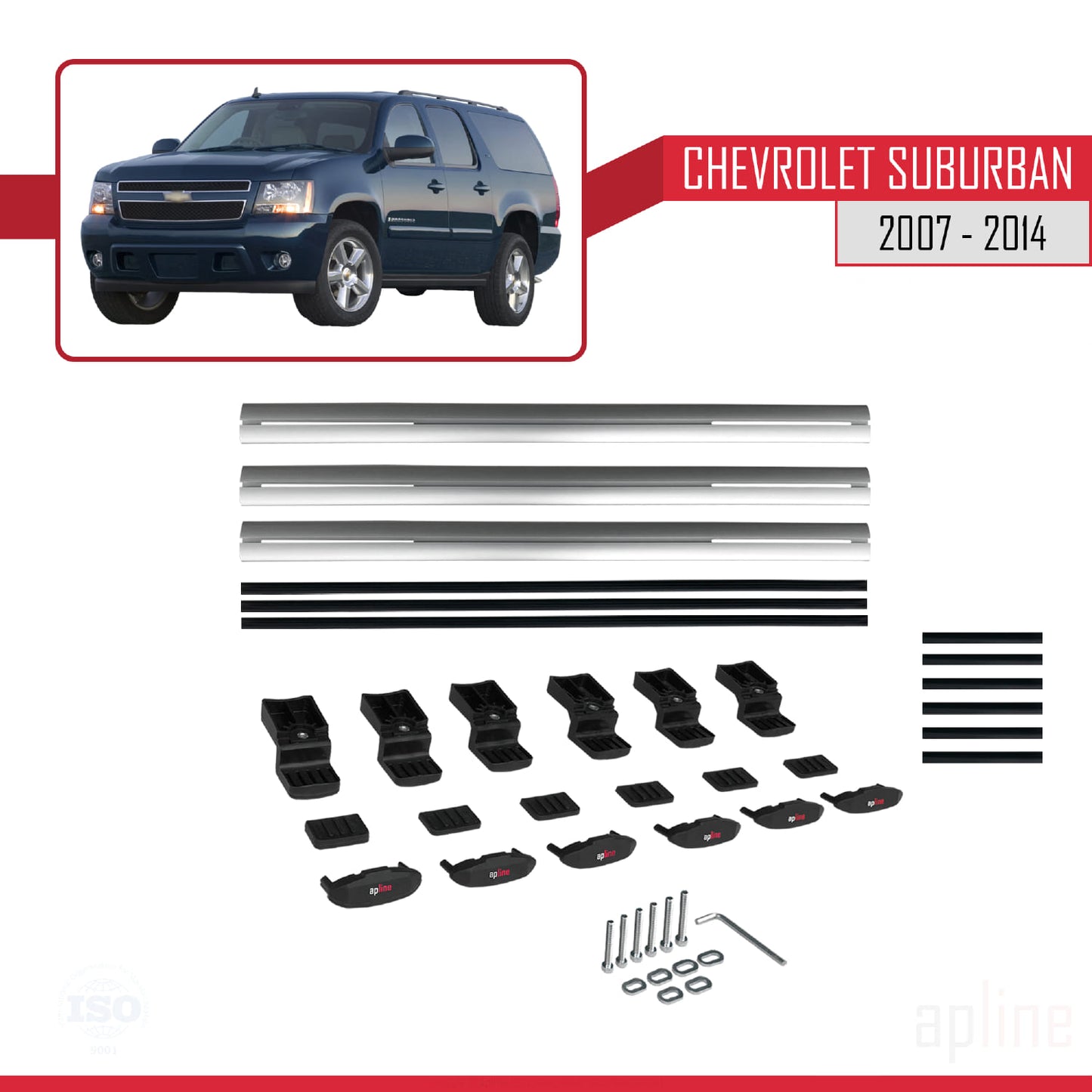 Kompatibel mit Chevrolet Suburban 2007-2014 BASIC Modell Dachreling Gepäckträger Graues Aluminium 3 Stangen