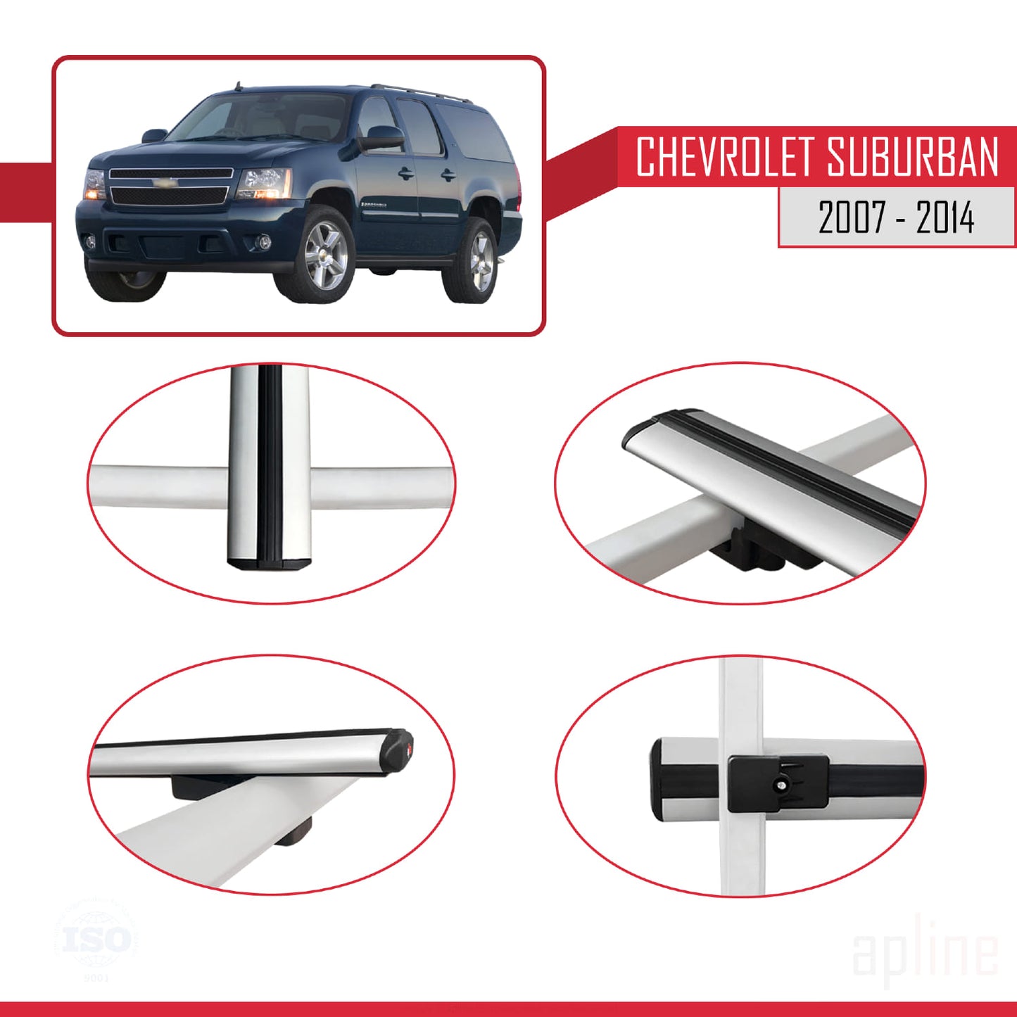 Kompatibel mit Chevrolet Suburban 2007-2014 BASIC Modell Dachreling Gepäckträger Graues Aluminium 4 Stangen