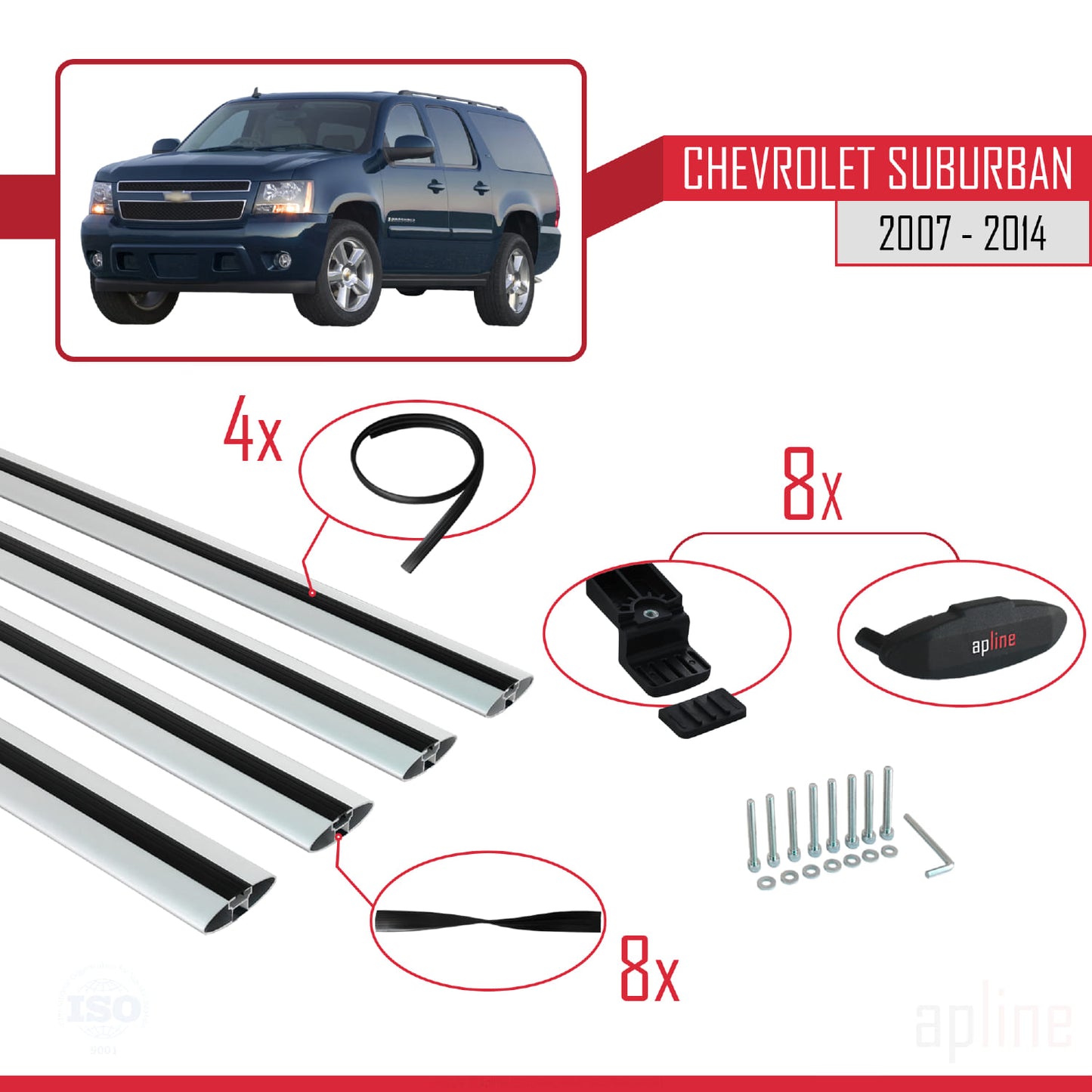 Kompatibel mit Chevrolet Suburban 2007-2014 BASIC Modell Dachreling Gepäckträger Graues Aluminium 4 Stangen
