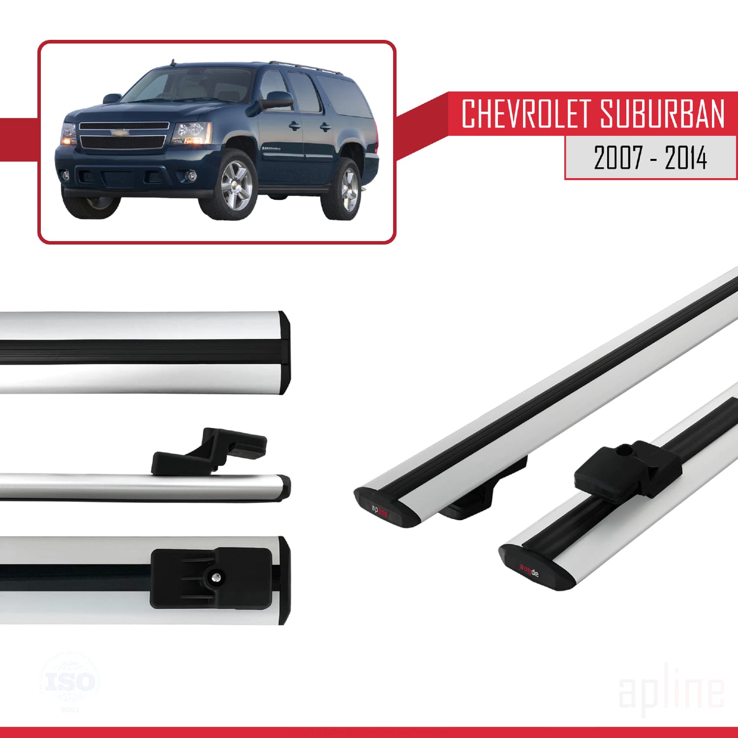 Kompatibel mit Chevrolet Suburban 2007-2014 BASIC Modell Dachreling Gepäckträger Graues Aluminium 2 Stangen