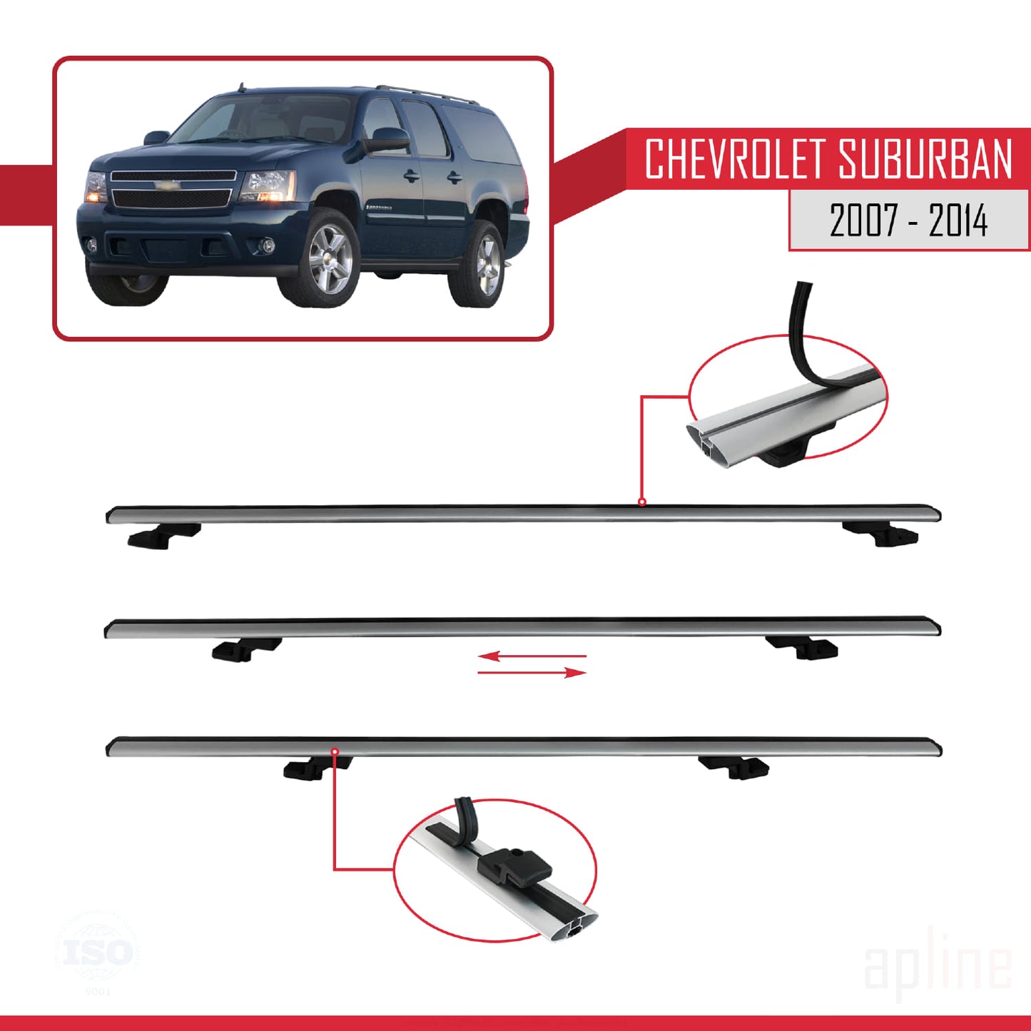 Kompatibel mit Chevrolet Suburban 2007-2014 BASIC Modell Dachreling Gepäckträger Graues Aluminium 2 Stangen
