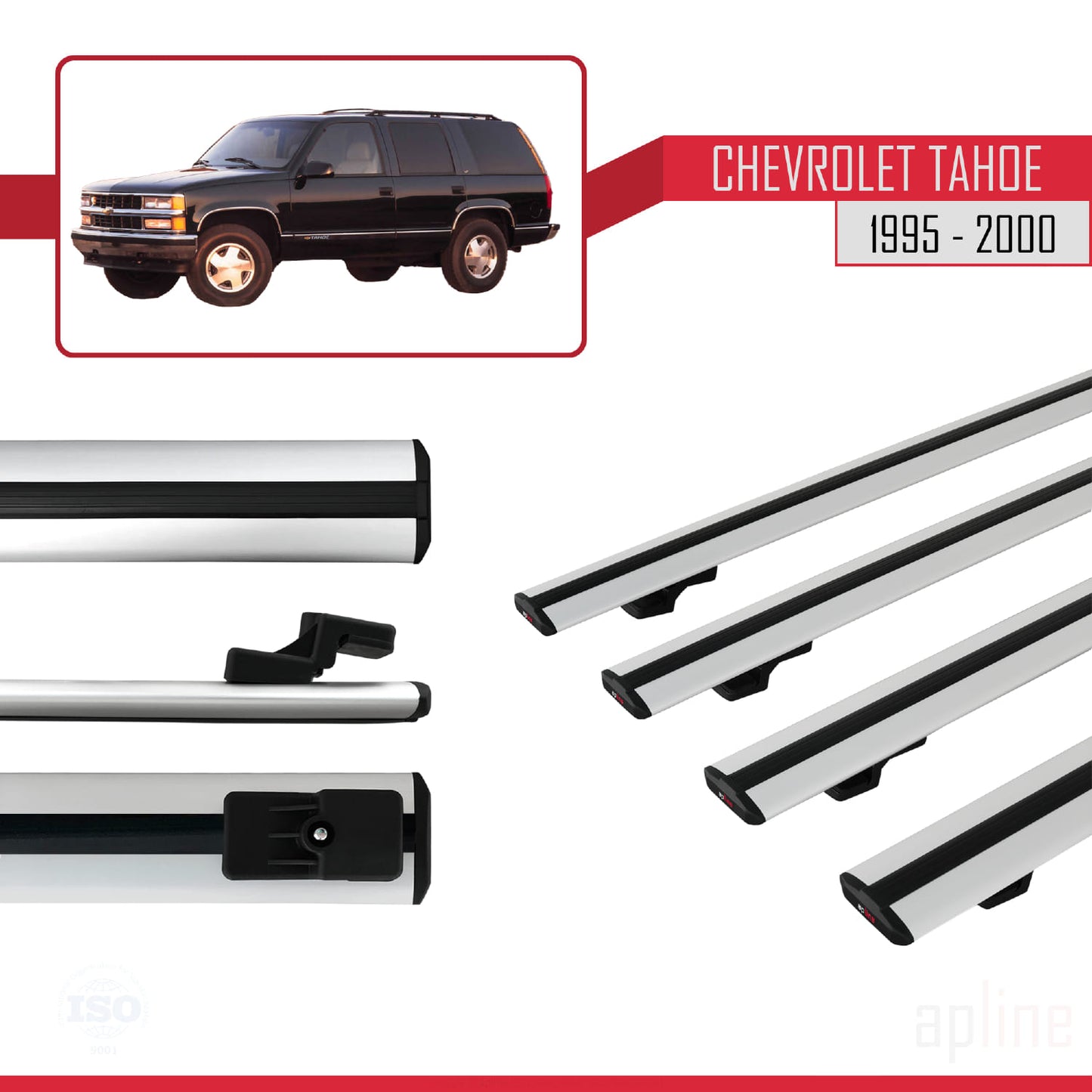Kompatibel mit Chevrolet Tahoe 1995-2000 BASIC Modell Dachgepäckträger, graues Aluminium, 4 Stangen