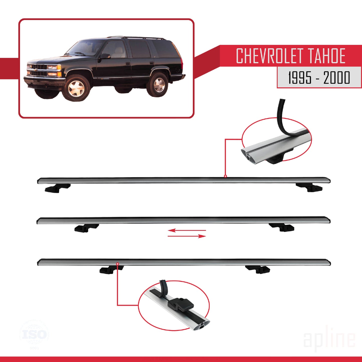 Kompatibel mit Chevrolet Tahoe 1995-2000 BASIC Modell Dachgepäckträger, graues Aluminium, 2 Stangen