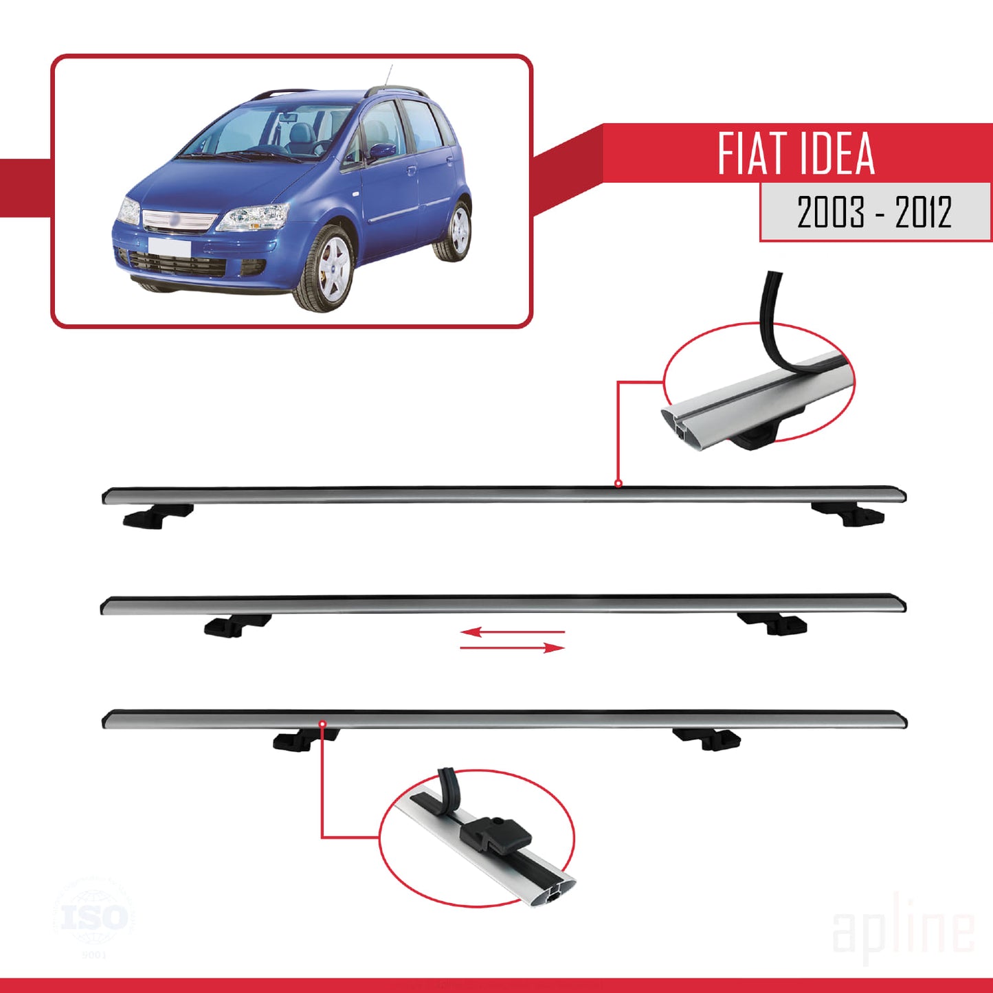 Compatible avec Fiat Idea 2003-2012 BASIC Model Barres de Toit Railing Porte-Bagages de Voiture Gris Aluminium 3 Barres