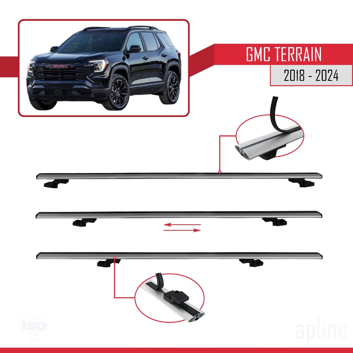 Compatible avec GMC Terrain 2018-2024 BASIC Model Barres de Toit Railing Porte-Bagages de Voiture Gris Aluminium 2 Barres
