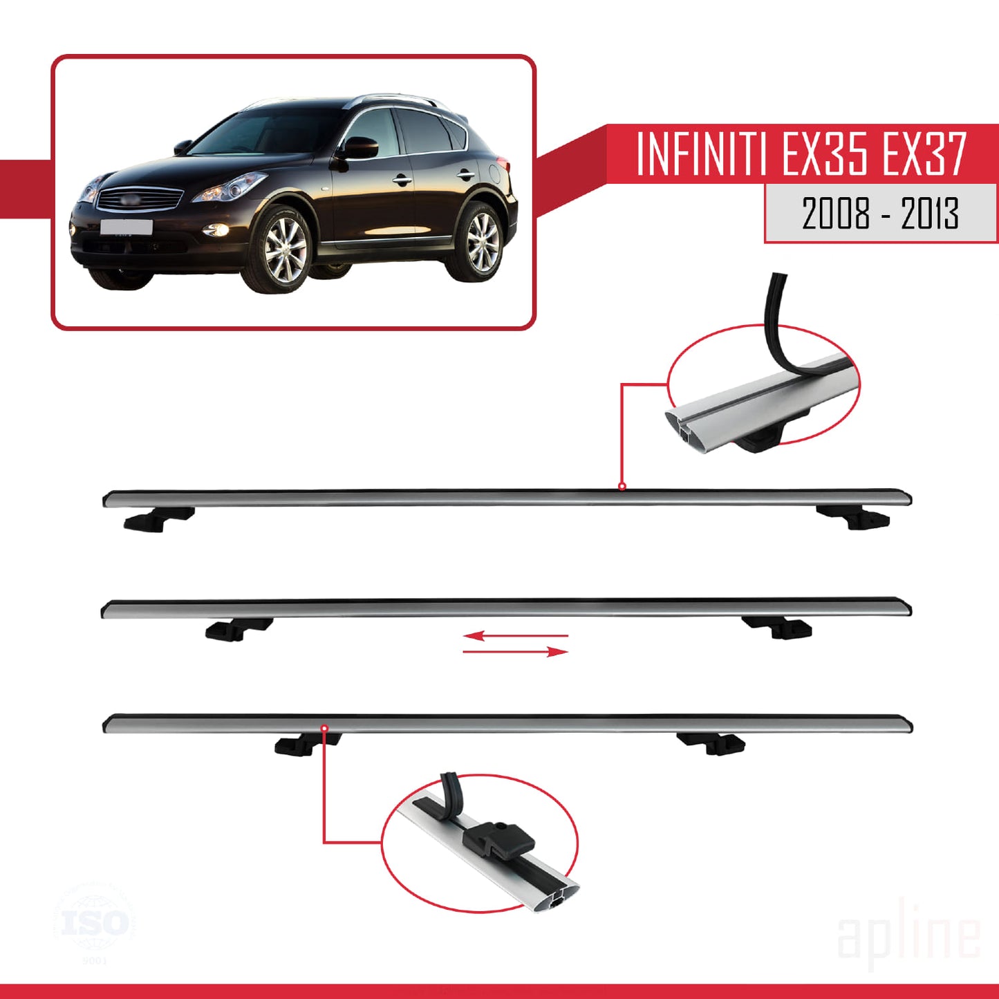 Compatible avec Infiniti EX35 EX37 2008-2013 BASIC Model Barres de Toit Railing Porte-Bagages de Voiture Gris Aluminium 2 Barres