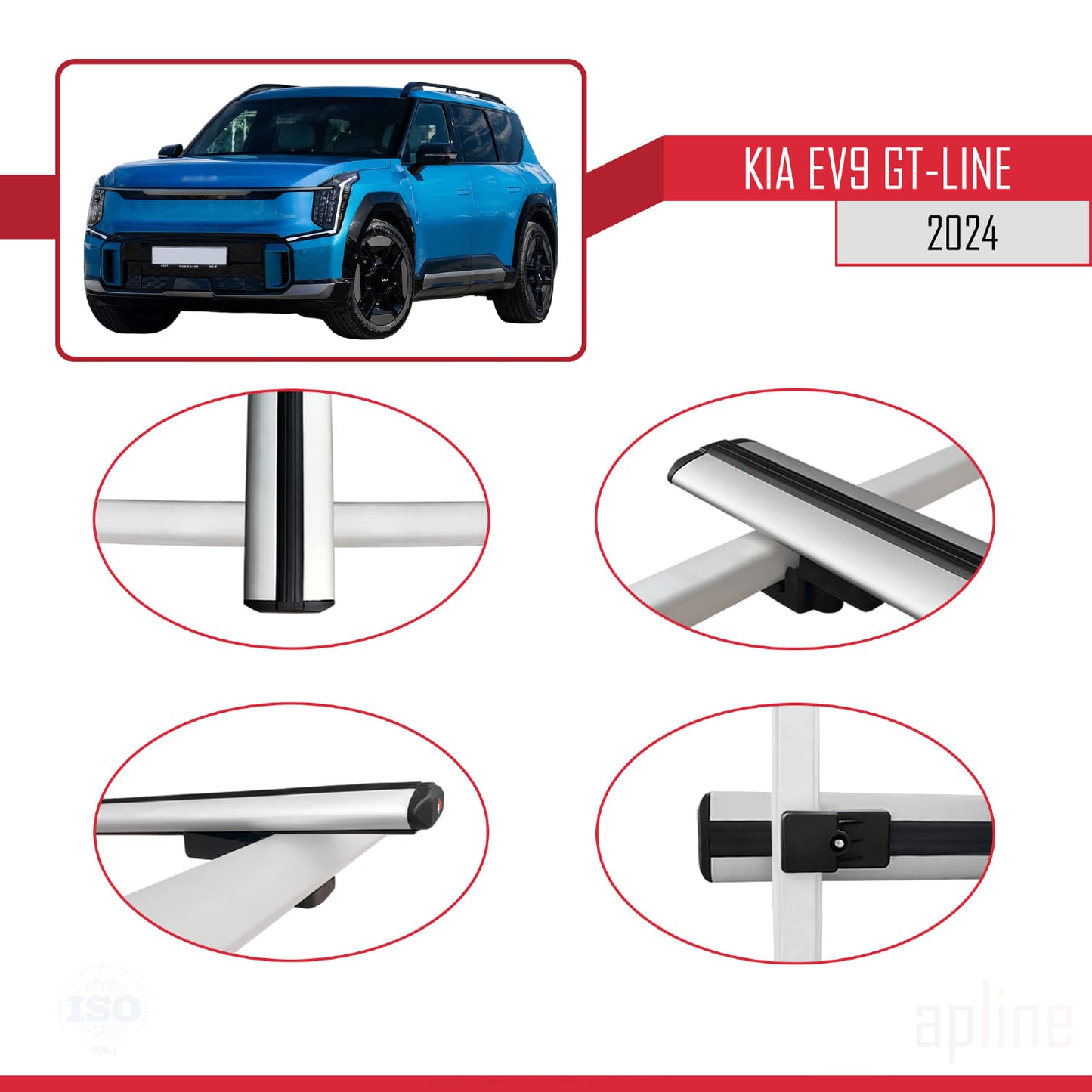 Compatible avec KIA EV9 GT-LINE 2024-2025 BASIC Model Barres de Toit Railing Porte-Bagages de Voiture Gris Aluminium 4 Barres