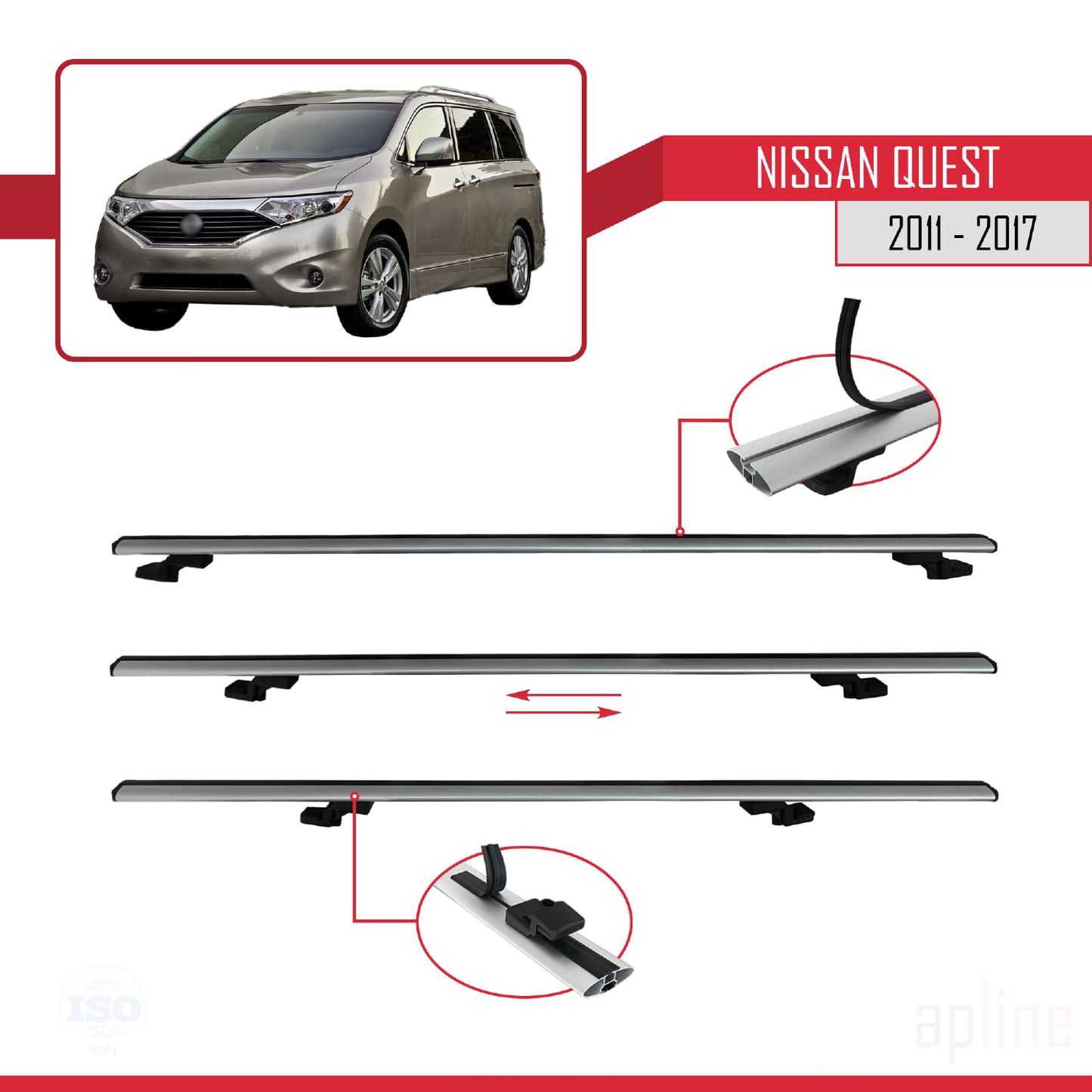 Compatible avec Nissan Quest 2011-2017 BASIC Model Barres de Toit Railing Porte-Bagages de Voiture Gris Aluminium 4 Barres