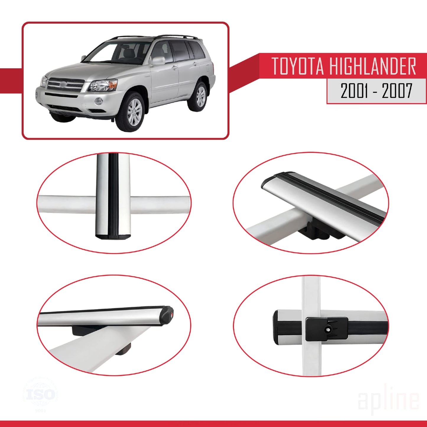 Compatible avec Toyota Highlander 2001-2007 BASIC Model Barres de Toit Railing Porte-Bagages de Voiture Gris Aluminium 2 Barres