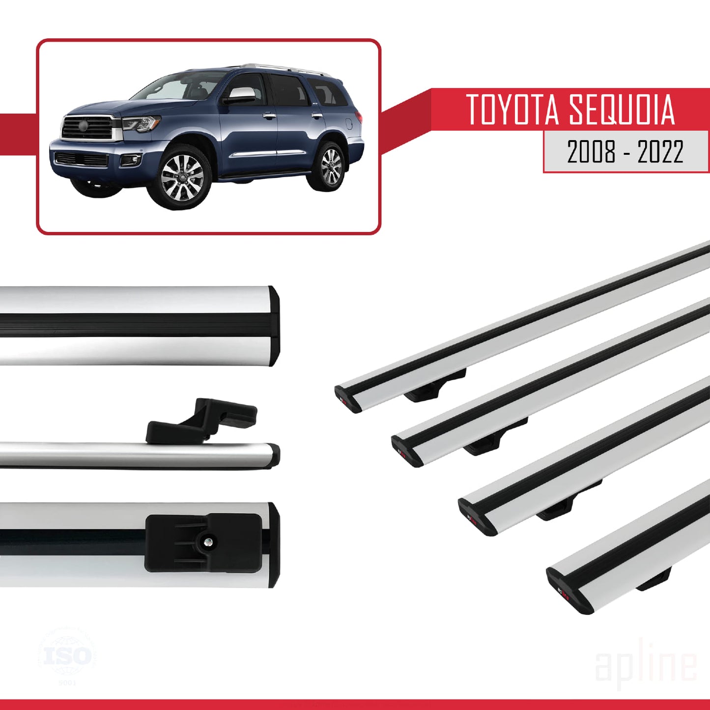 Compatible avec Toyota Sequoia 2008-2022 BASIC Model Barres de Toit Railing Porte-Bagages de Voiture Gris Aluminium 4 Barres