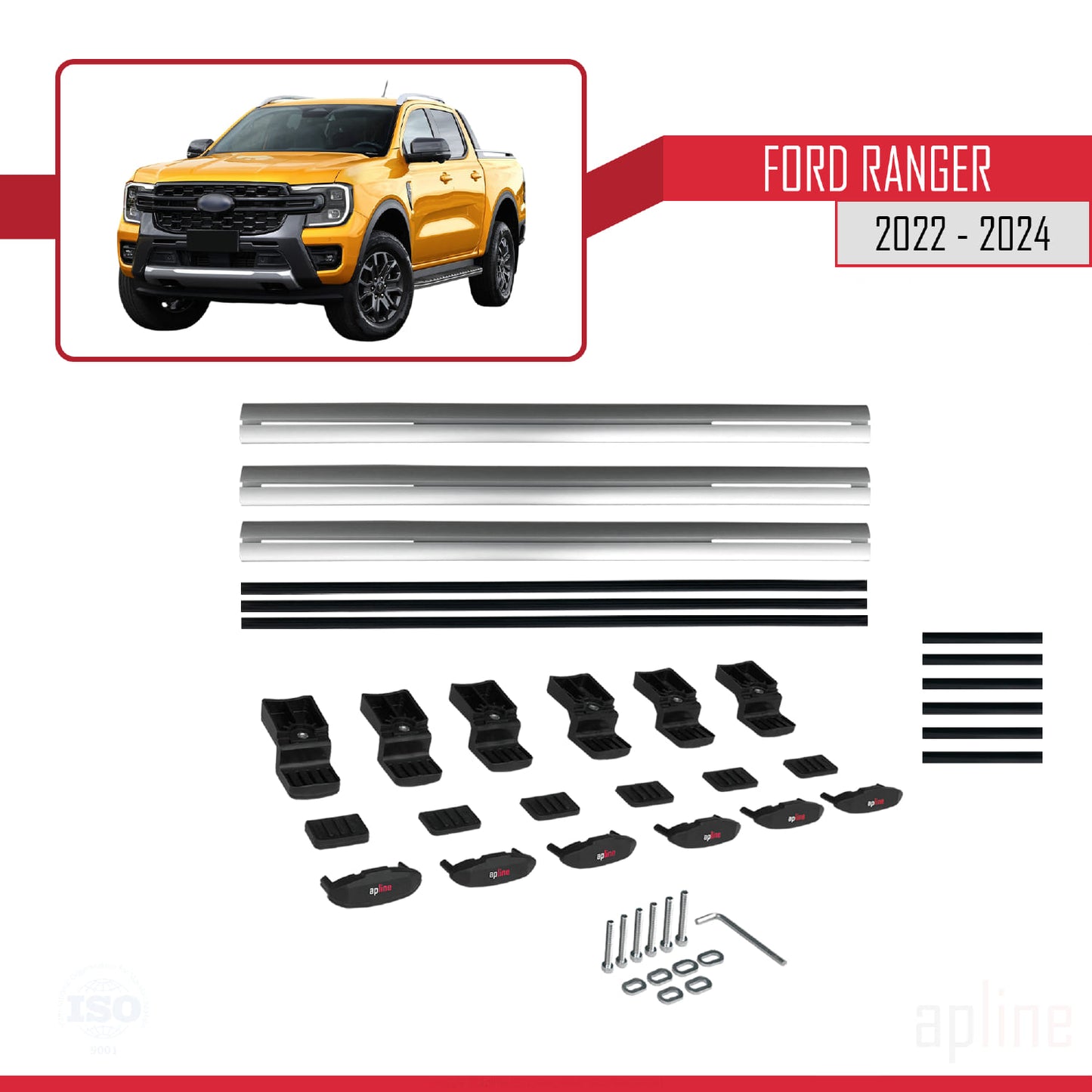 Compatible avec Ford Ranger (P703) 2022-2024 BASIC Model Barres de Toit Railing Porte-Bagages de Voiture Gris Aluminium 3 Barres